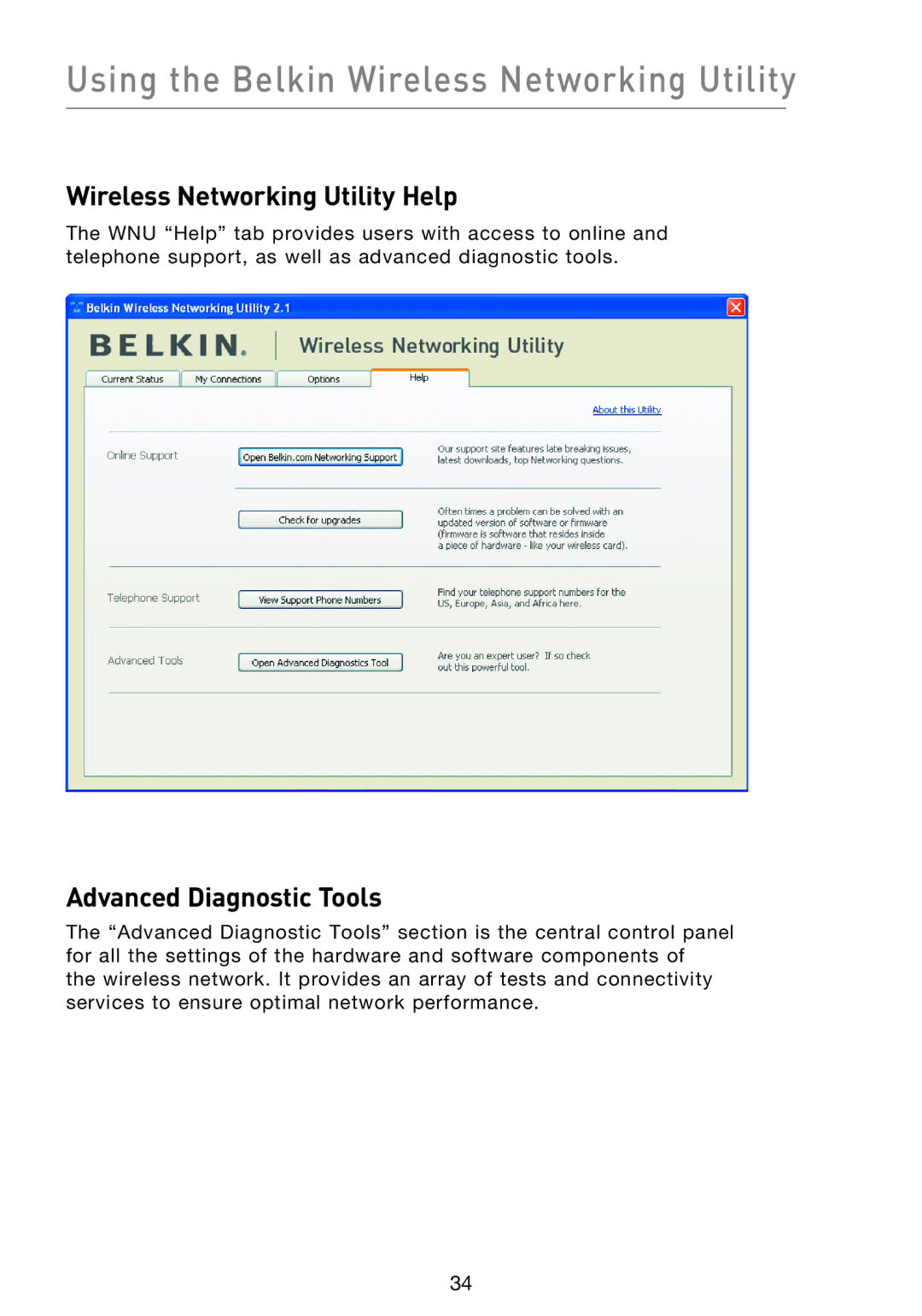 Belkin F5D9000 user manual Wireless Networking Utility Help, Advanced Diagnostic Tools 