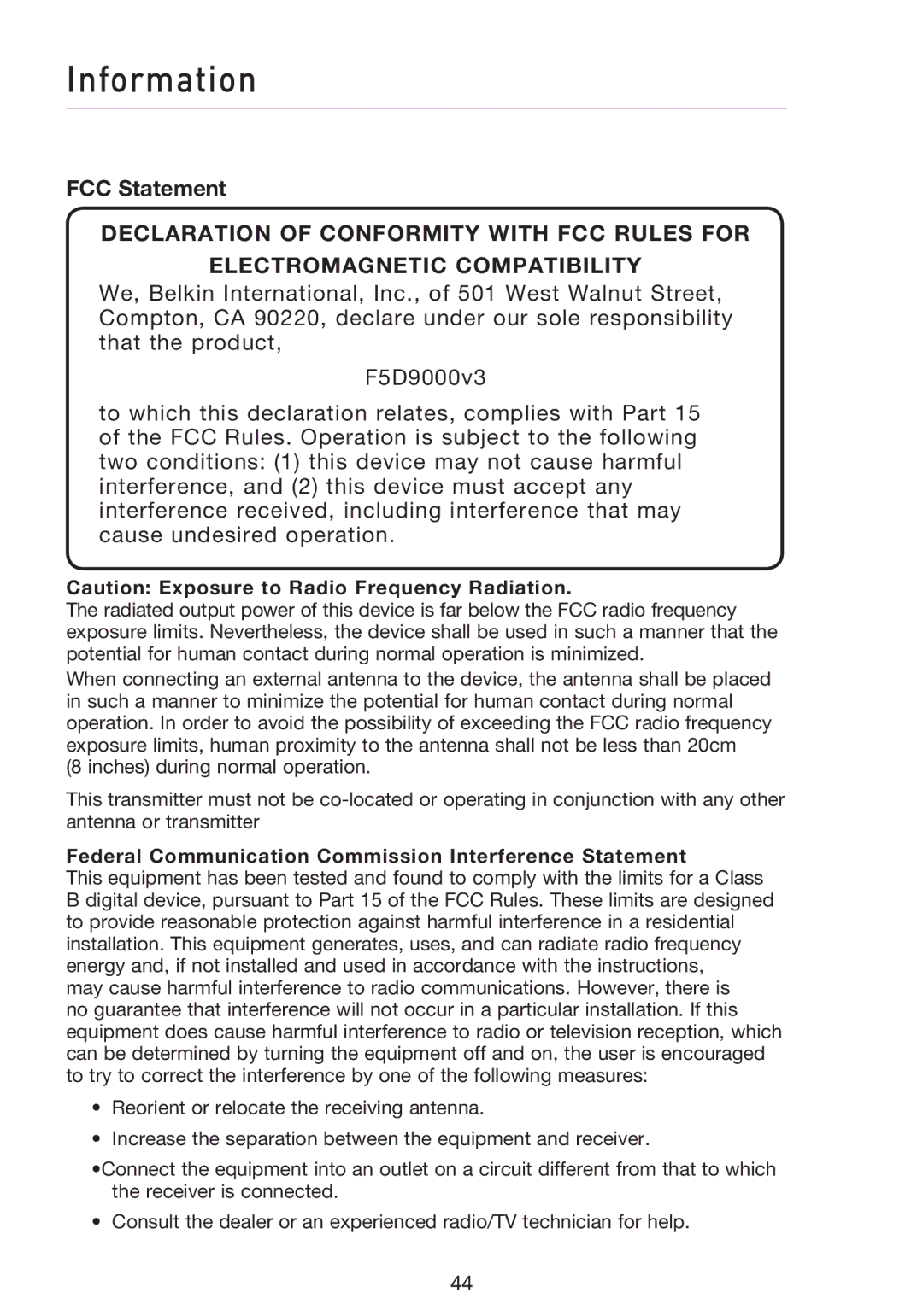 Belkin F5D9000 user manual Information, FCC Statement, Federal Communication Commission Interference Statement 