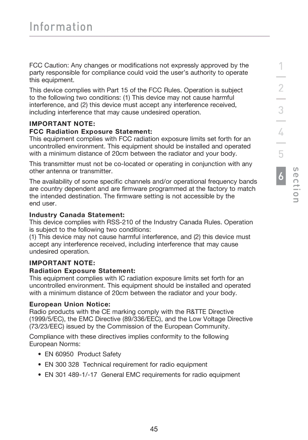 Belkin F5D9000 user manual Information, FCC Radiation Exposure Statement, Industry Canada Statement, European Union Notice 