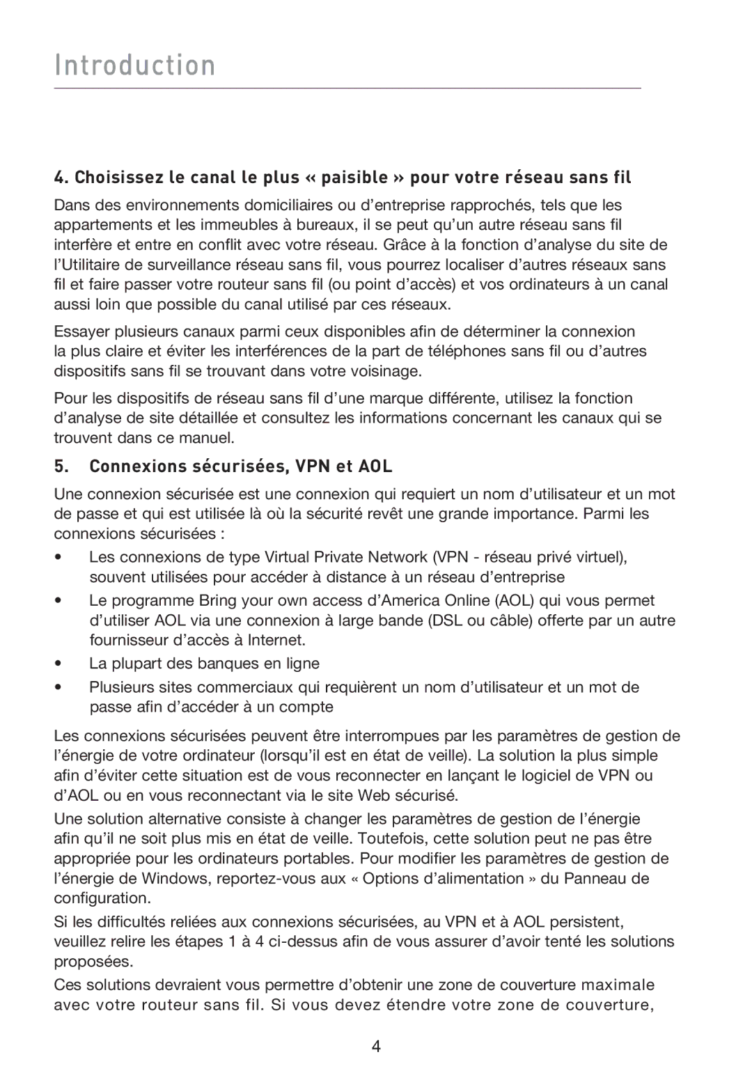 Belkin F5D9000 user manual Connexions sécurisées, VPN et AOL 