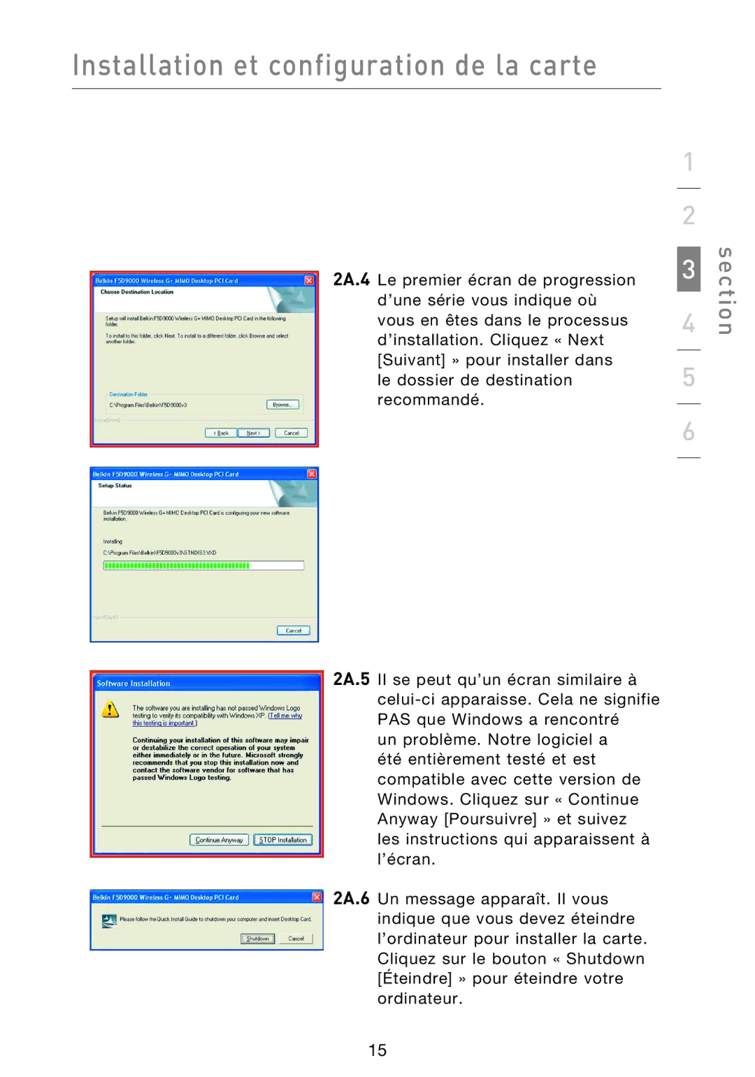 Belkin F5D9000 user manual Installation et configuration de la carte 