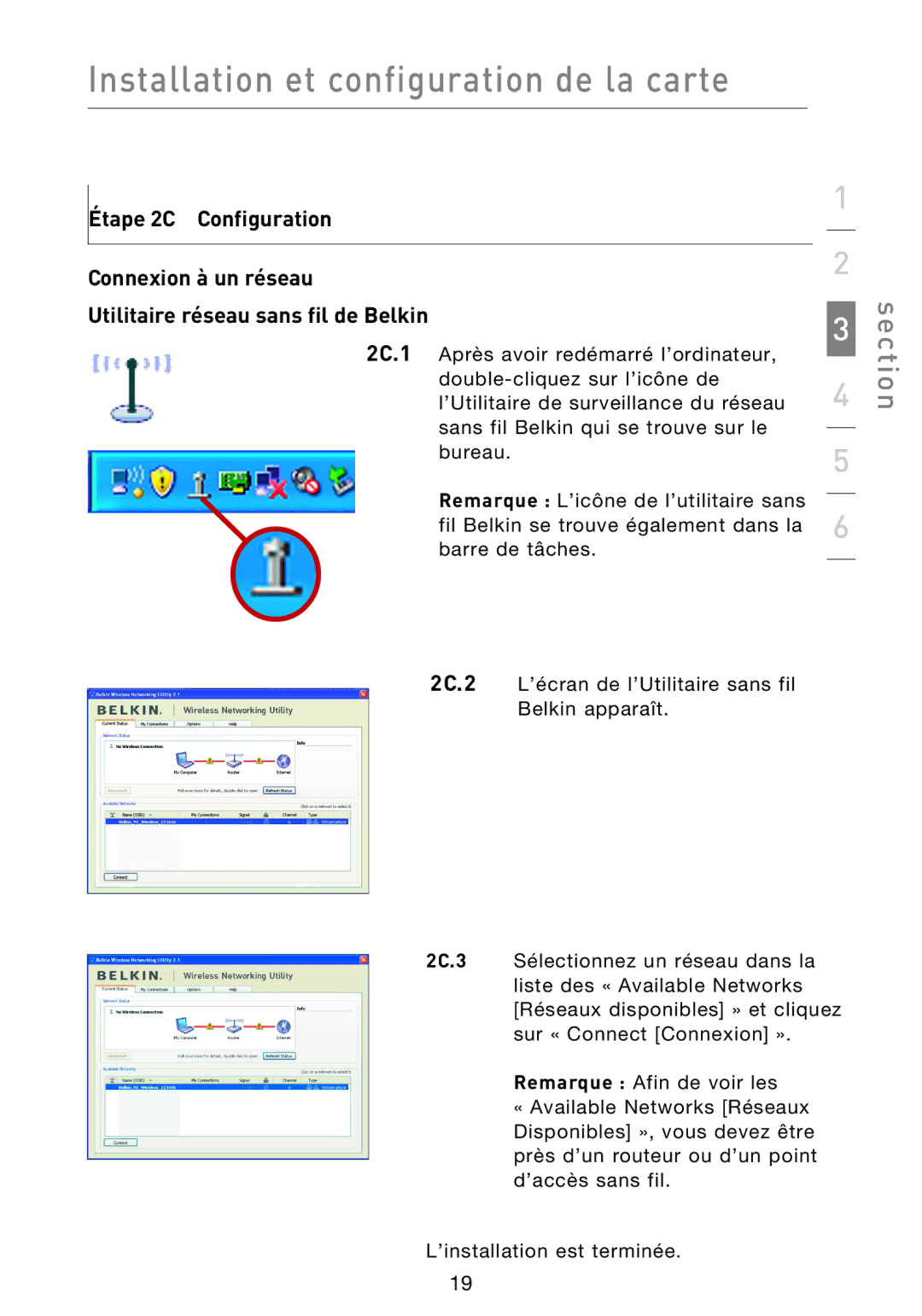 Belkin F5D9000 user manual Étape 2C Configuration Connexion à un réseau, Utilitaire réseau sans fil de Belkin 2C.1 