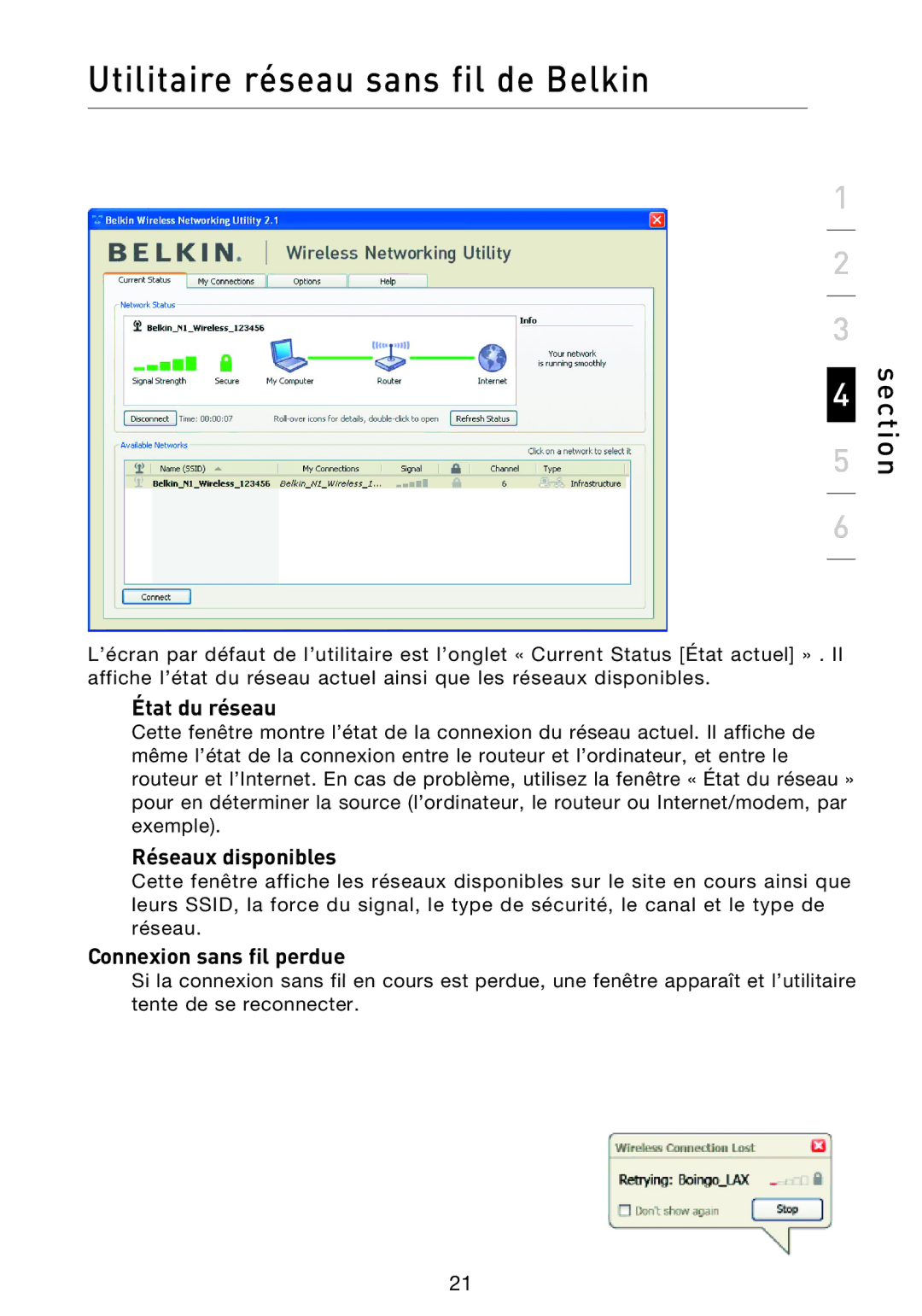 Belkin F5D9000 user manual État du réseau, Réseaux disponibles, Connexion sans fil perdue 