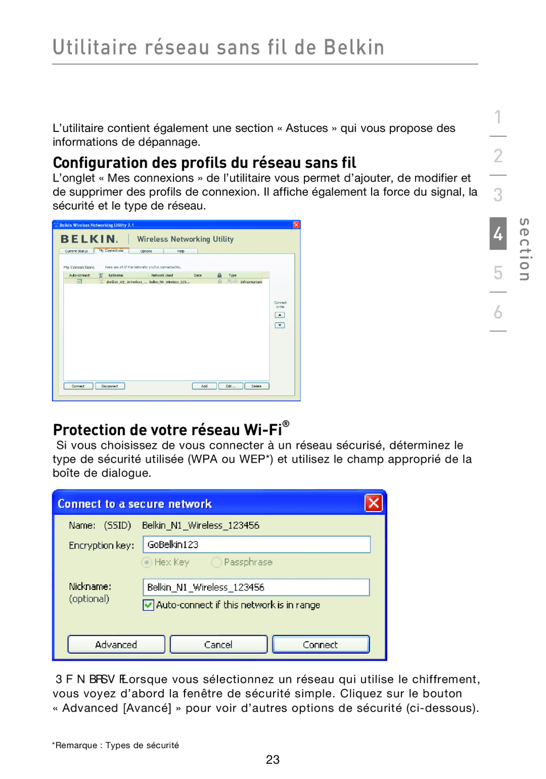 Belkin F5D9000 user manual Configuration des profils du réseau sans fil, Protection de votre réseau Wi-Fi 