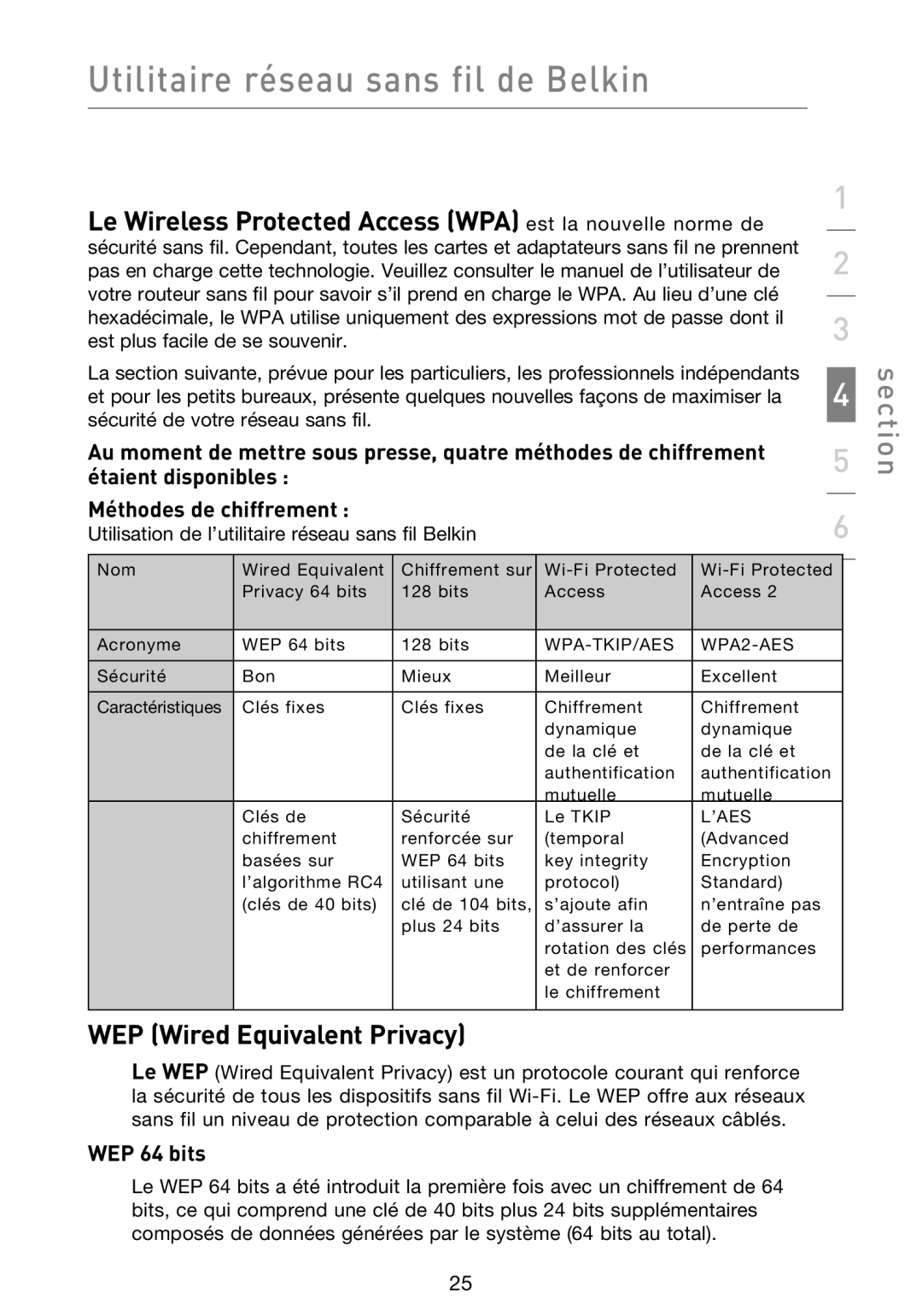 Belkin F5D9000 user manual Le Wireless Protected Access WPA est la nouvelle norme de, WEP 64 bits 