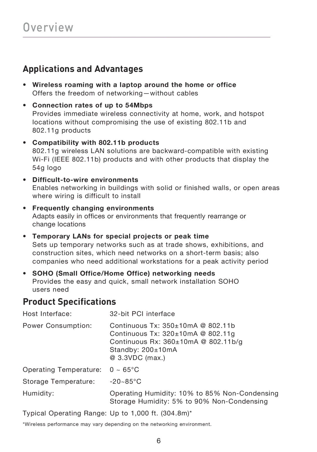 Belkin F5D9000 user manual Overview, Applications and Advantages, Product Specifications 