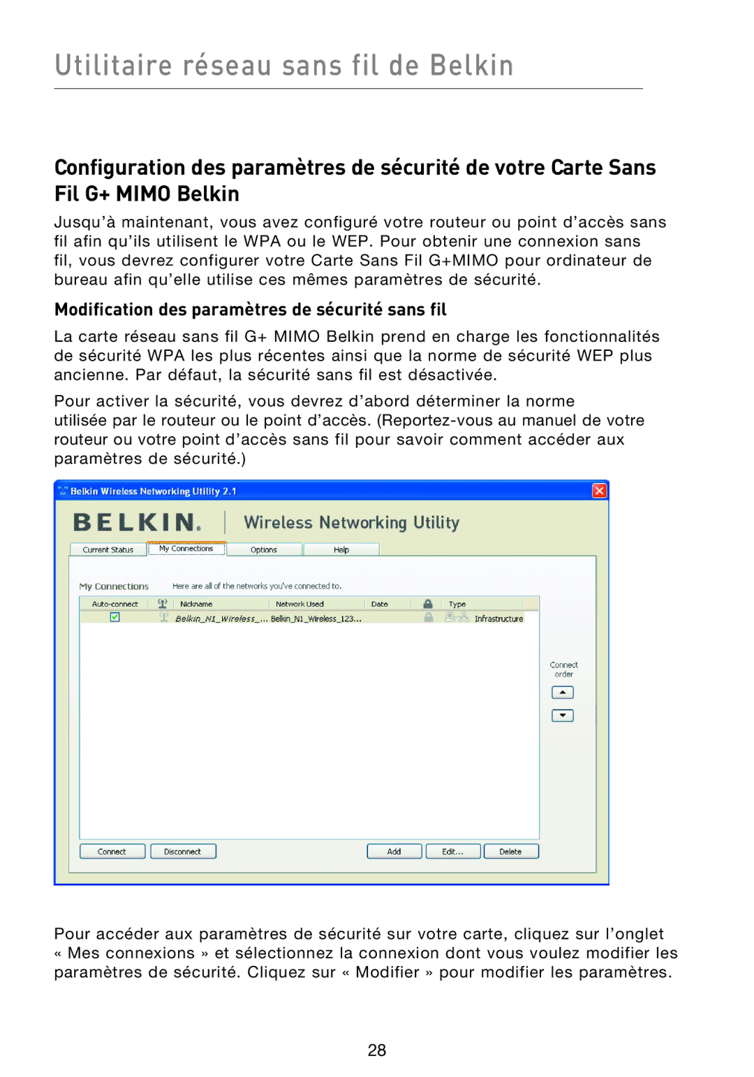 Belkin F5D9000 user manual Modification des paramètres de sécurité sans fil 