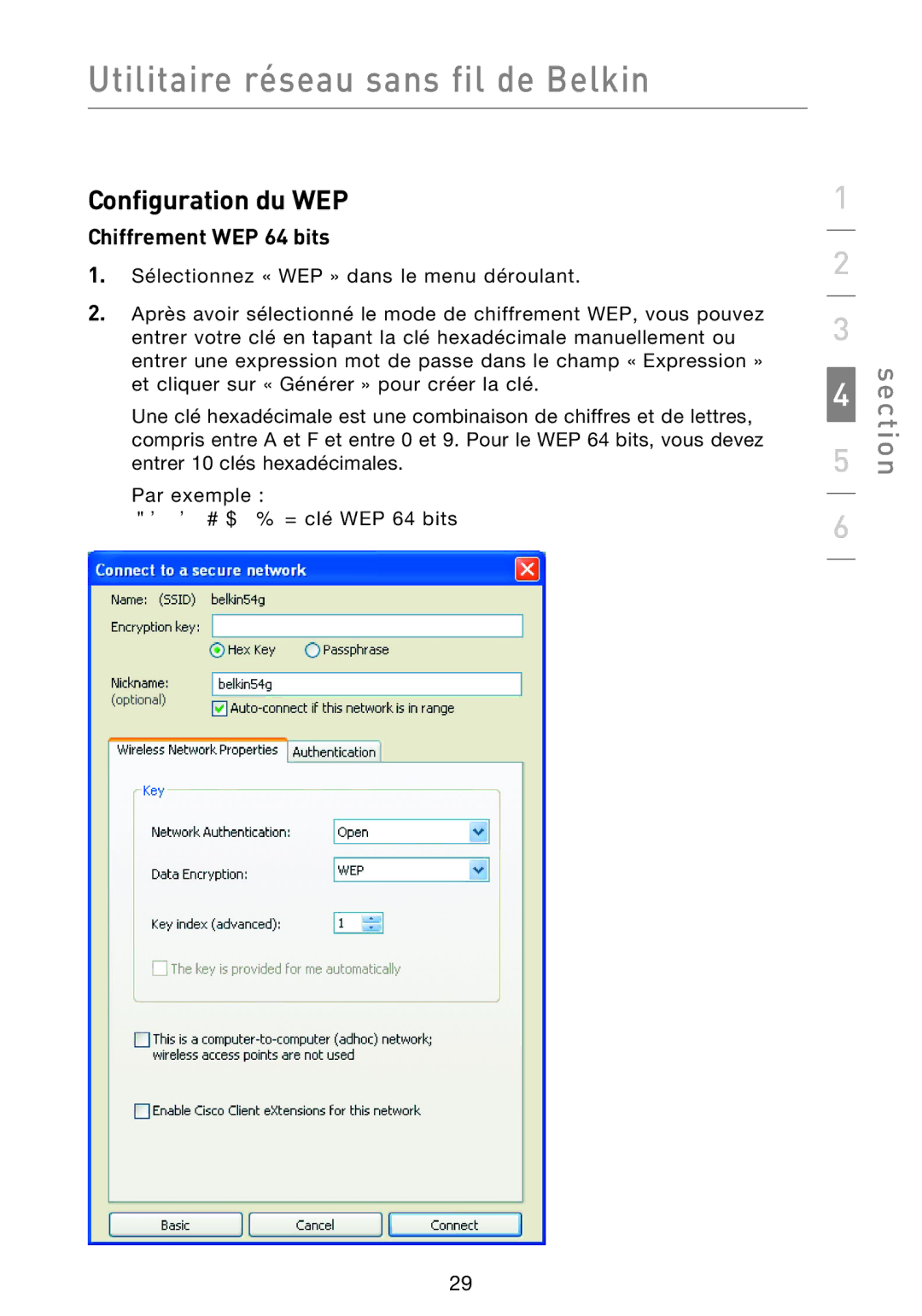 Belkin F5D9000 user manual Configuration du WEP, Chiffrement WEP 64 bits 