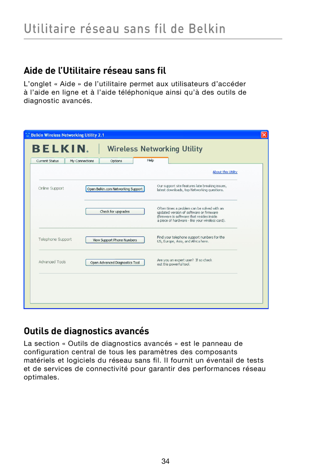 Belkin F5D9000 user manual Aide de l’Utilitaire réseau sans fil, Outils de diagnostics avancés 