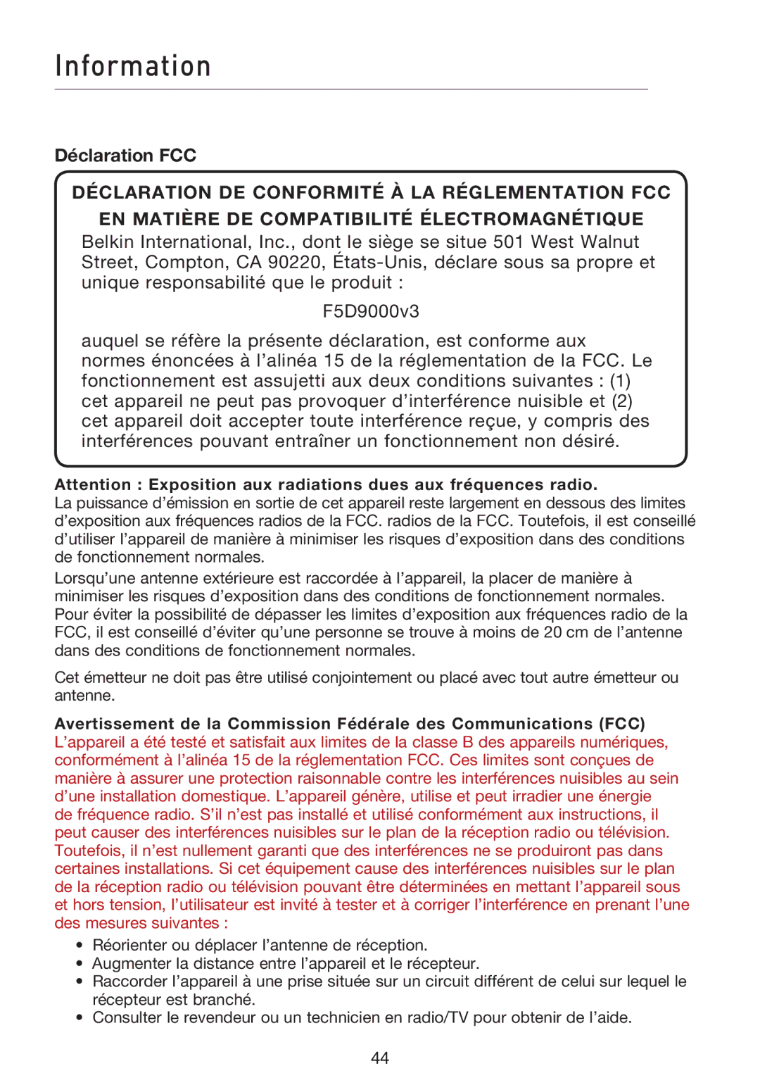 Belkin F5D9000 user manual Information, Déclaration FCC 