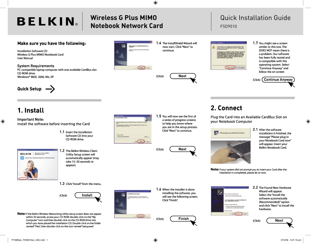 Belkin F5D9010 user manual Connect, Make sure you have the following, Quick Setup, Quick Installation Guide 