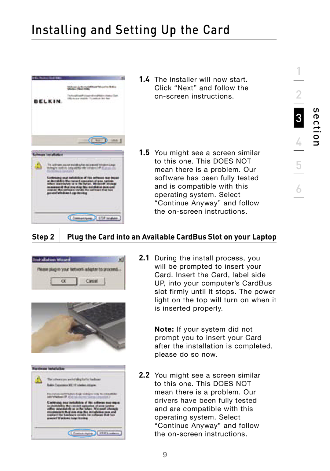 Belkin F5D9010 user manual Plug the Card into an Available CardBus Slot on your Laptop 