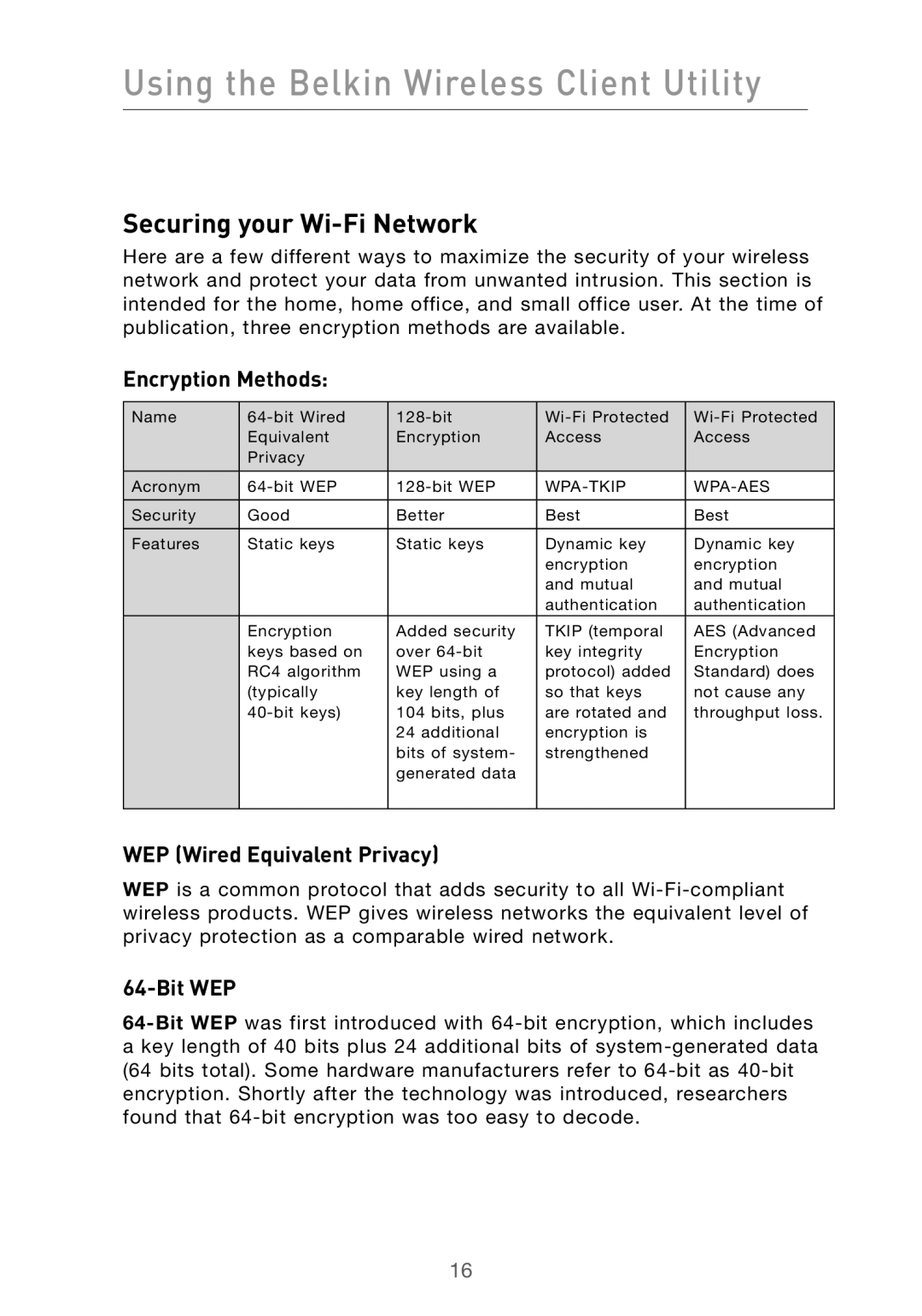 Belkin F5D9010 user manual Securing your Wi-Fi Network, Encryption Methods, WEP Wired Equivalent Privacy, Bit WEP 