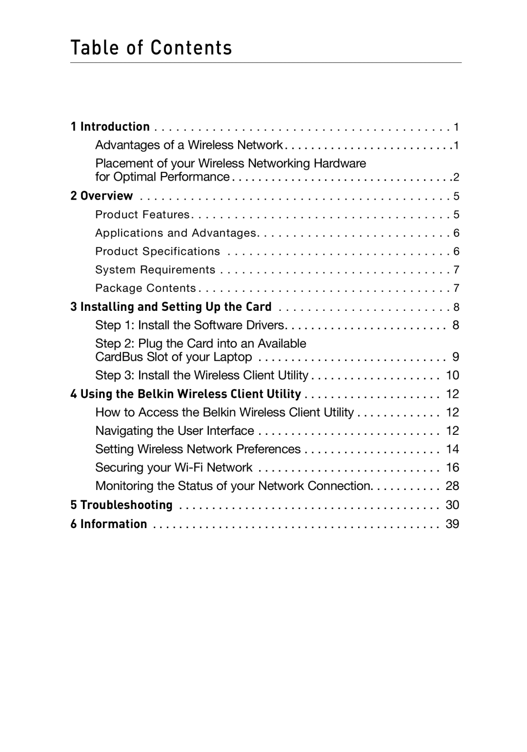 Belkin F5D9010 user manual Table of Contents 