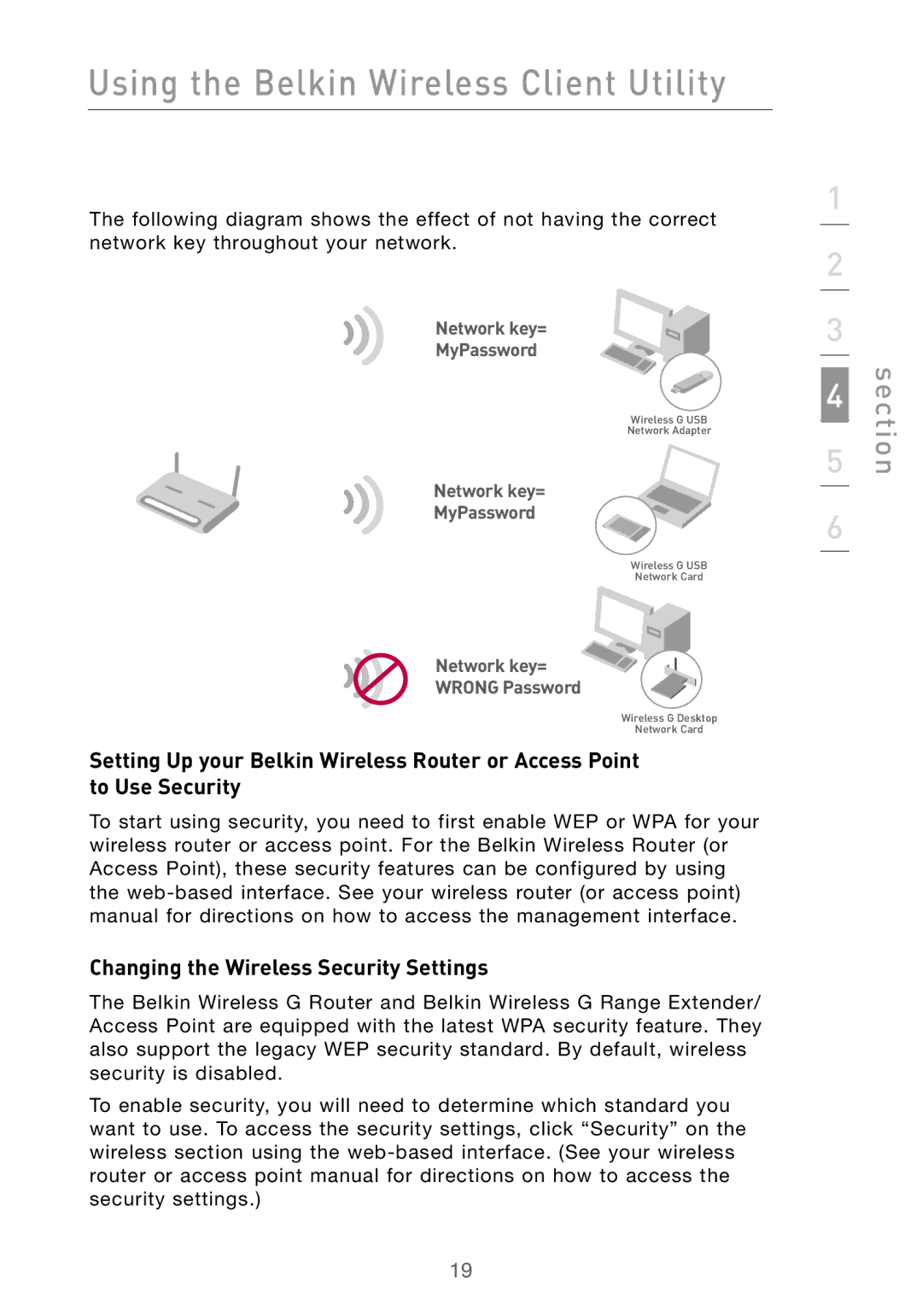 Belkin F5D9010 user manual Changing the Wireless Security Settings 