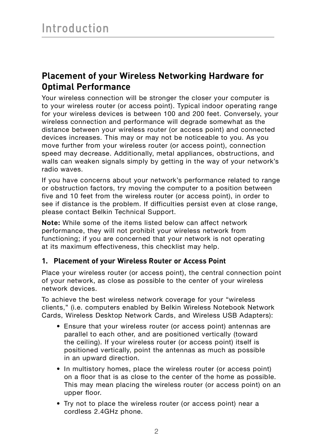 Belkin F5D9010 user manual Introduction, Placement of your Wireless Router or Access Point 