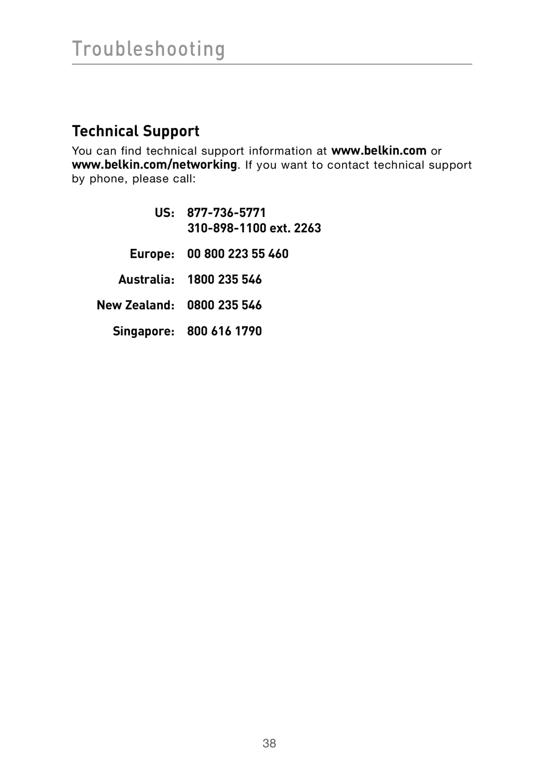 Belkin F5D9010 user manual Technical Support, US 877-736-5771 310-898-1100 ext 