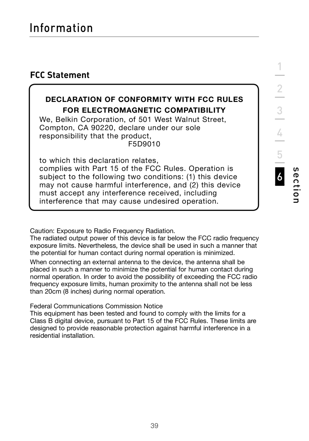 Belkin F5D9010 user manual Information, FCC Statement 