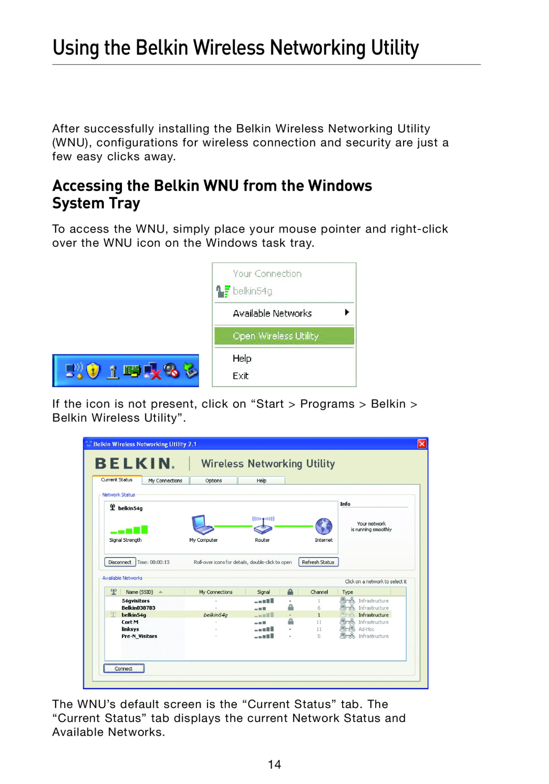 Belkin F5D9050 Using the Belkin Wireless Networking Utility, Accessing the Belkin WNU from the Windows System Tray 
