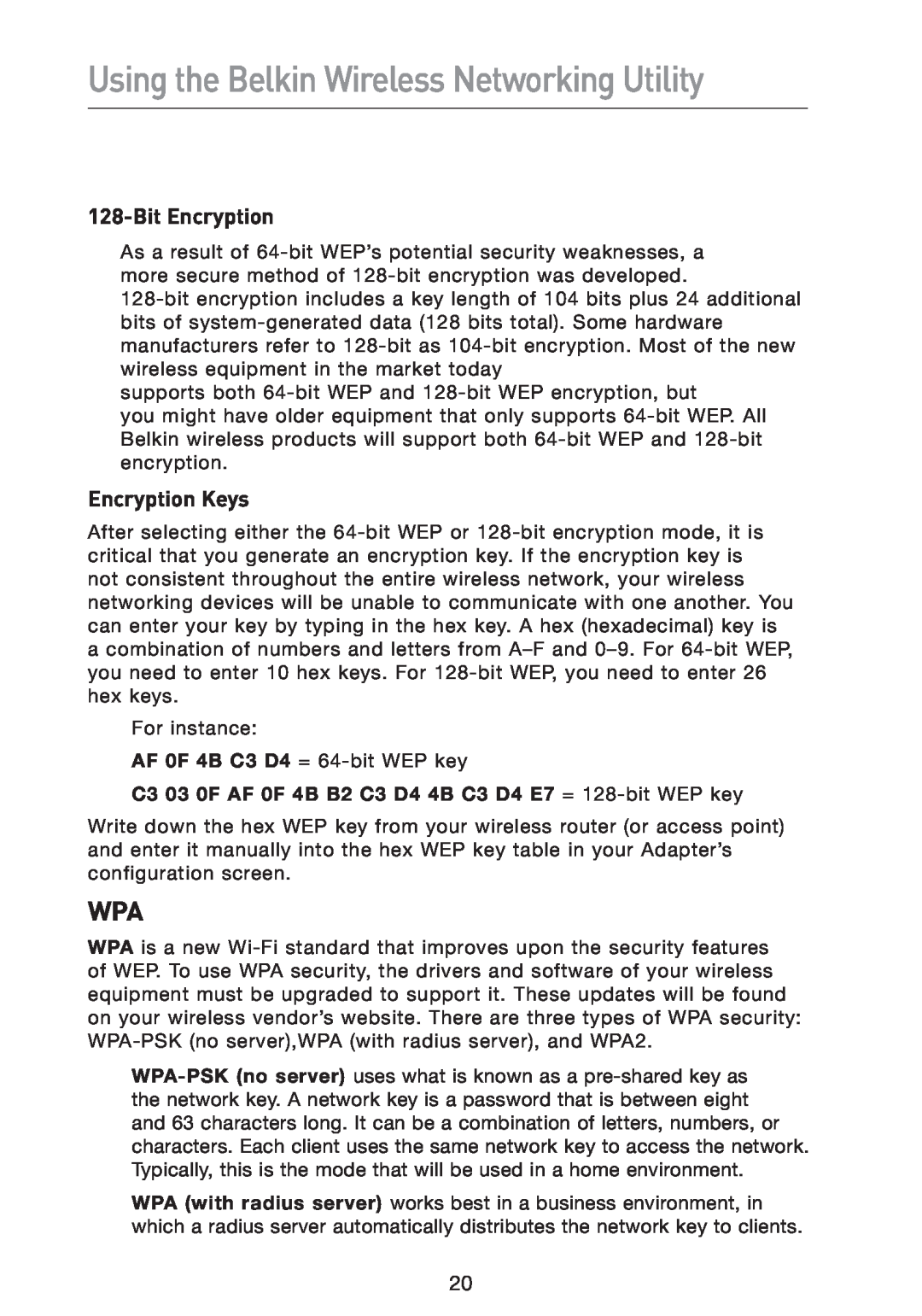 Belkin F5D9050 user manual Bit Encryption, Encryption Keys, Using the Belkin Wireless Networking Utility 