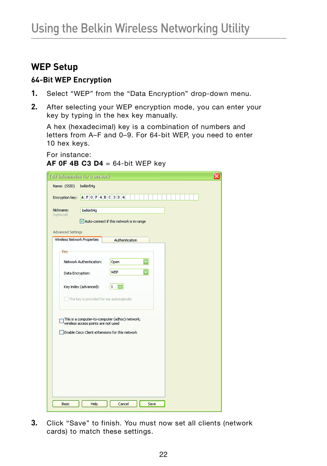 Belkin F5D9050 user manual WEP Setup, Bit WEP Encryption, Using the Belkin Wireless Networking Utility 