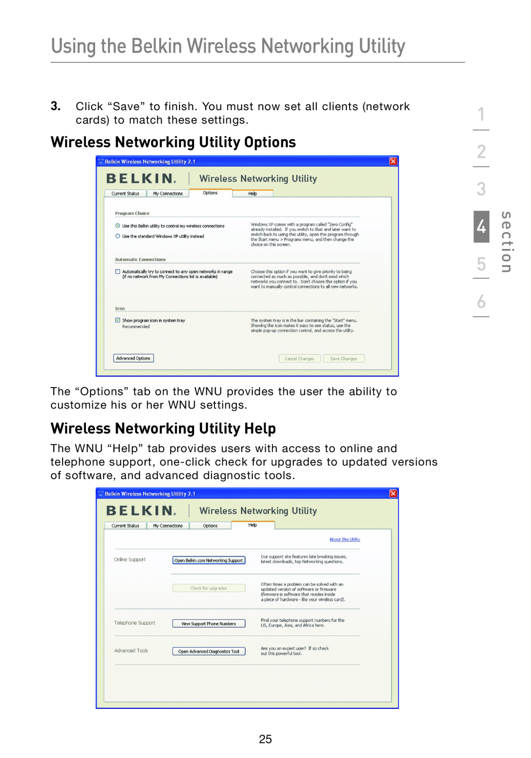 Belkin F5D9050 user manual Wireless Networking Utility Options, Wireless Networking Utility Help, section 