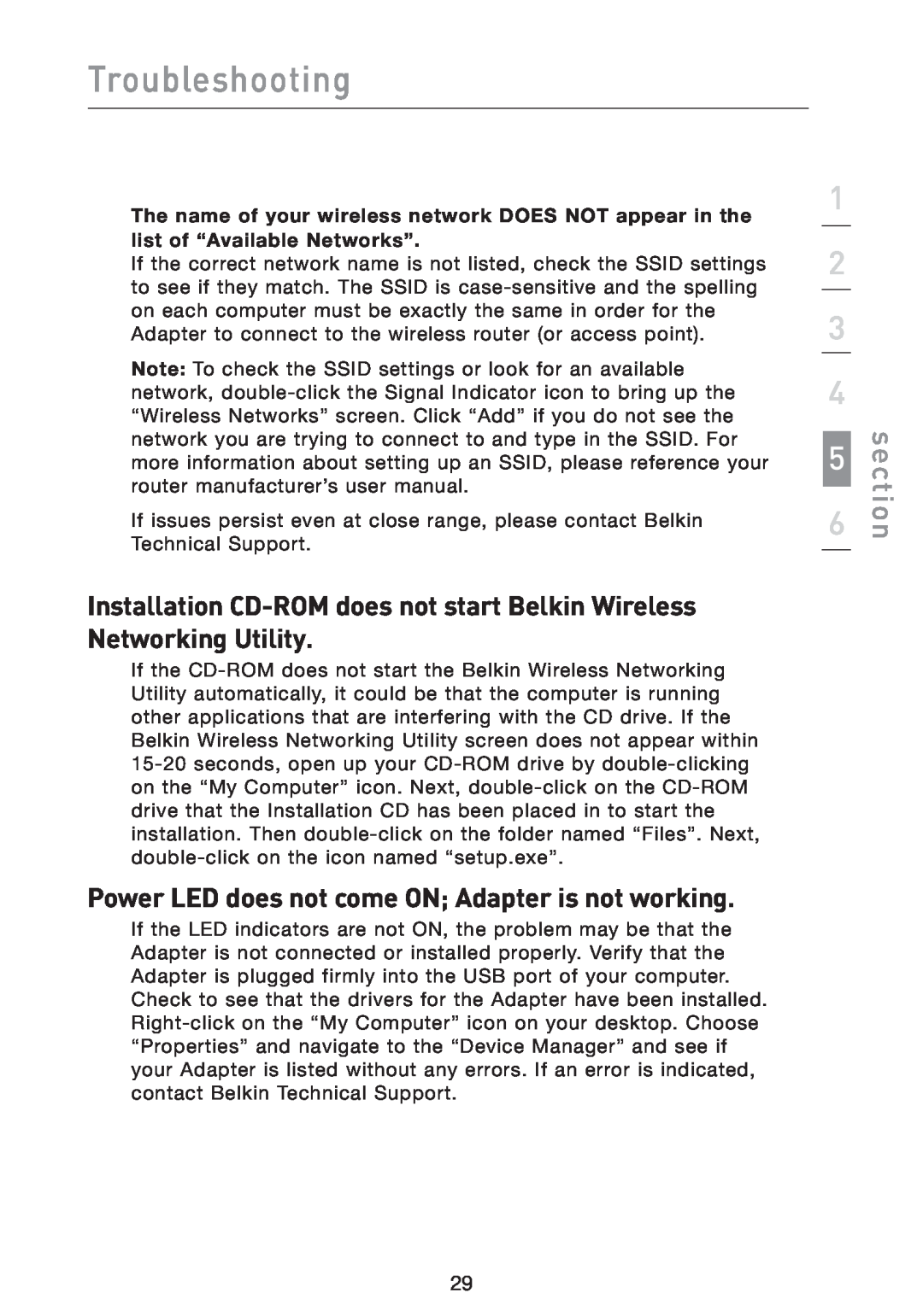 Belkin F5D9050 user manual Installation CD-ROM does not start Belkin Wireless Networking Utility, Troubleshooting, section 