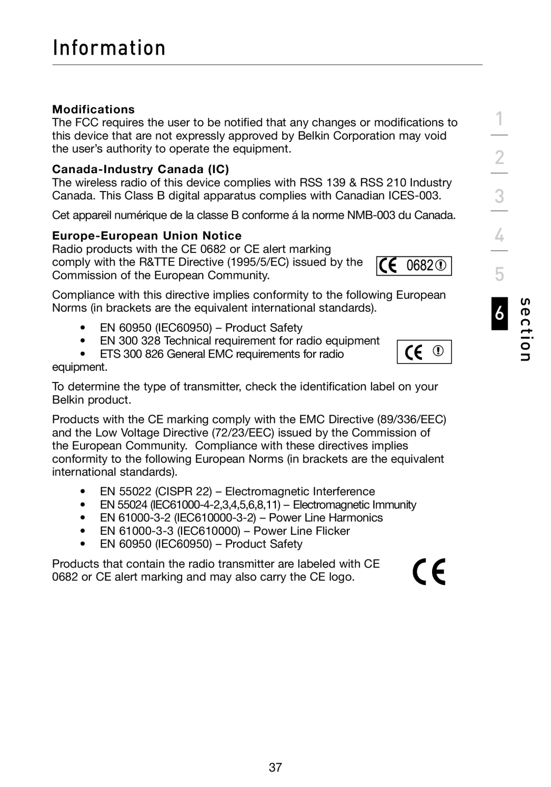 Belkin F5D9050 user manual Information, section, Modifications, Canada-Industry Canada IC, Europe-European Union Notice 