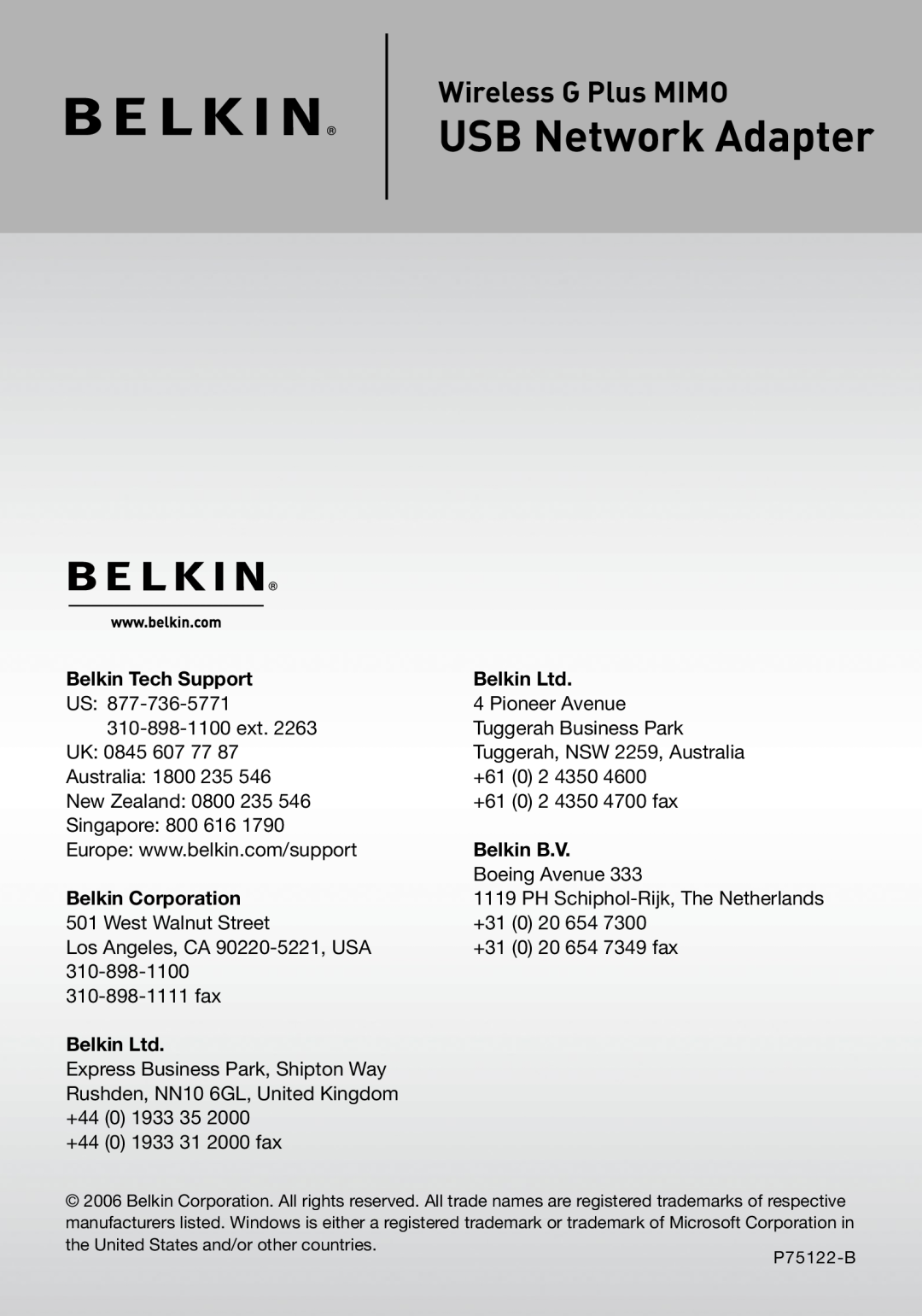 Belkin F5D9050 user manual USB Network Adapter, Wireless G Plus MIMO, Belkin Tech Support, Belkin B.V, Belkin Corporation 