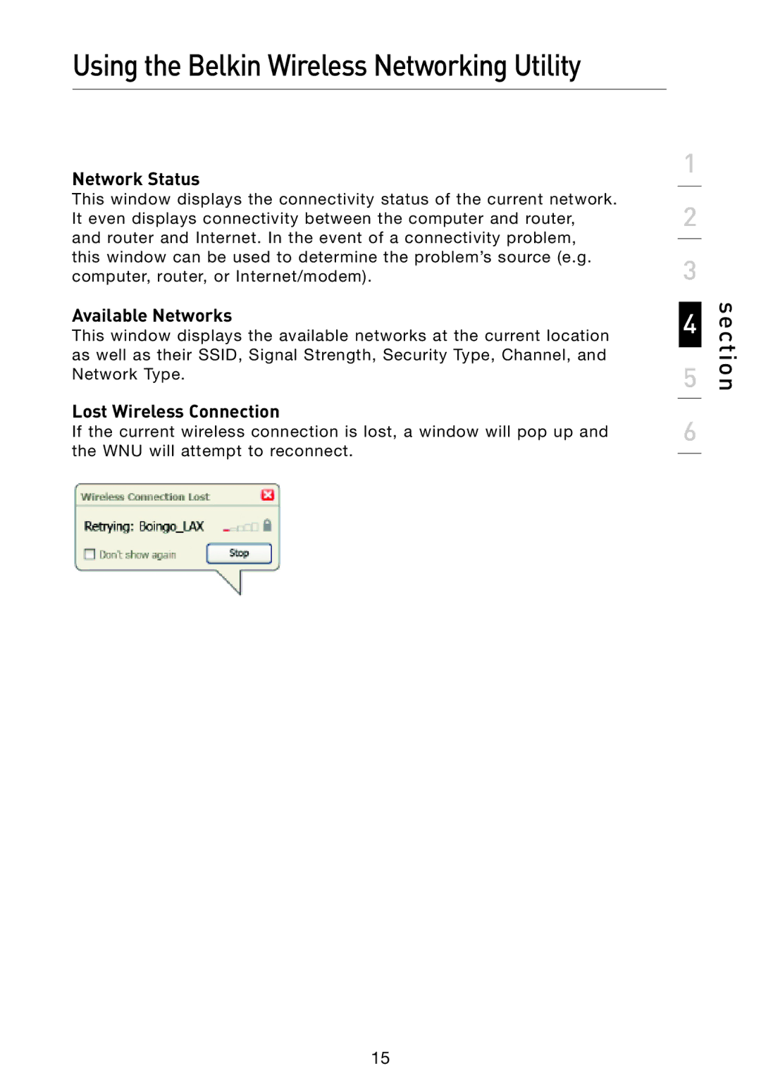 Belkin F5D9050 user manual Network Status, Available Networks, Lost Wireless Connection 