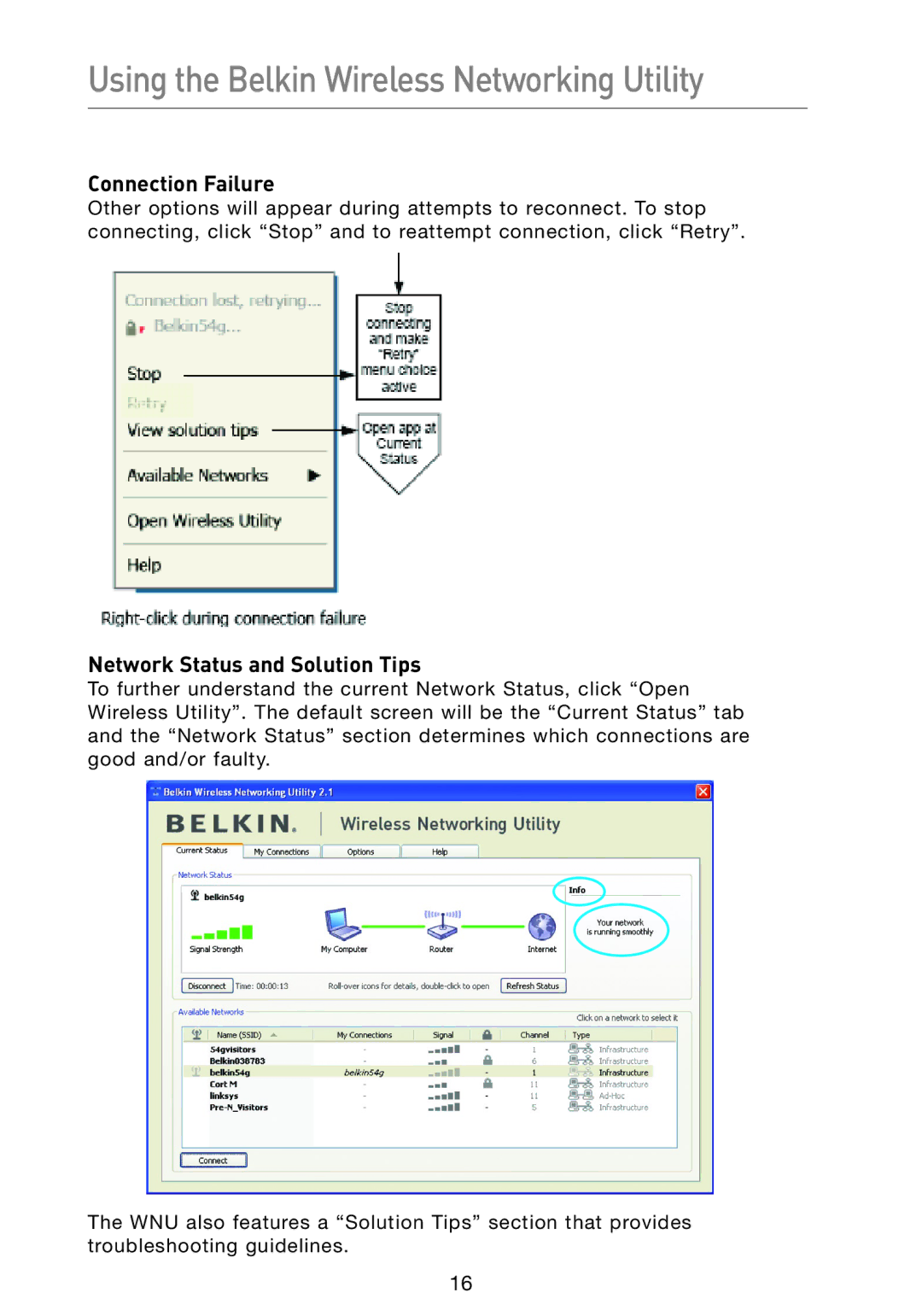 Belkin F5D9050 Using the Belkin Wireless Networking Utility, Connection Failure, Network Status and Solution Tips 