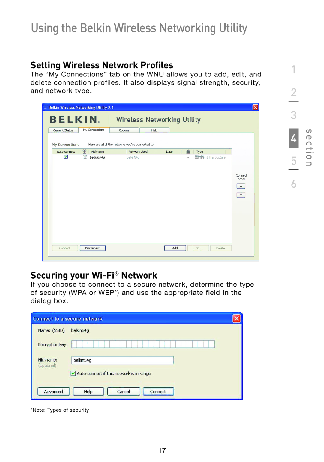 Belkin F5D9050 user manual Setting Wireless Network Profiles, Securing your Wi-FiNetwork 