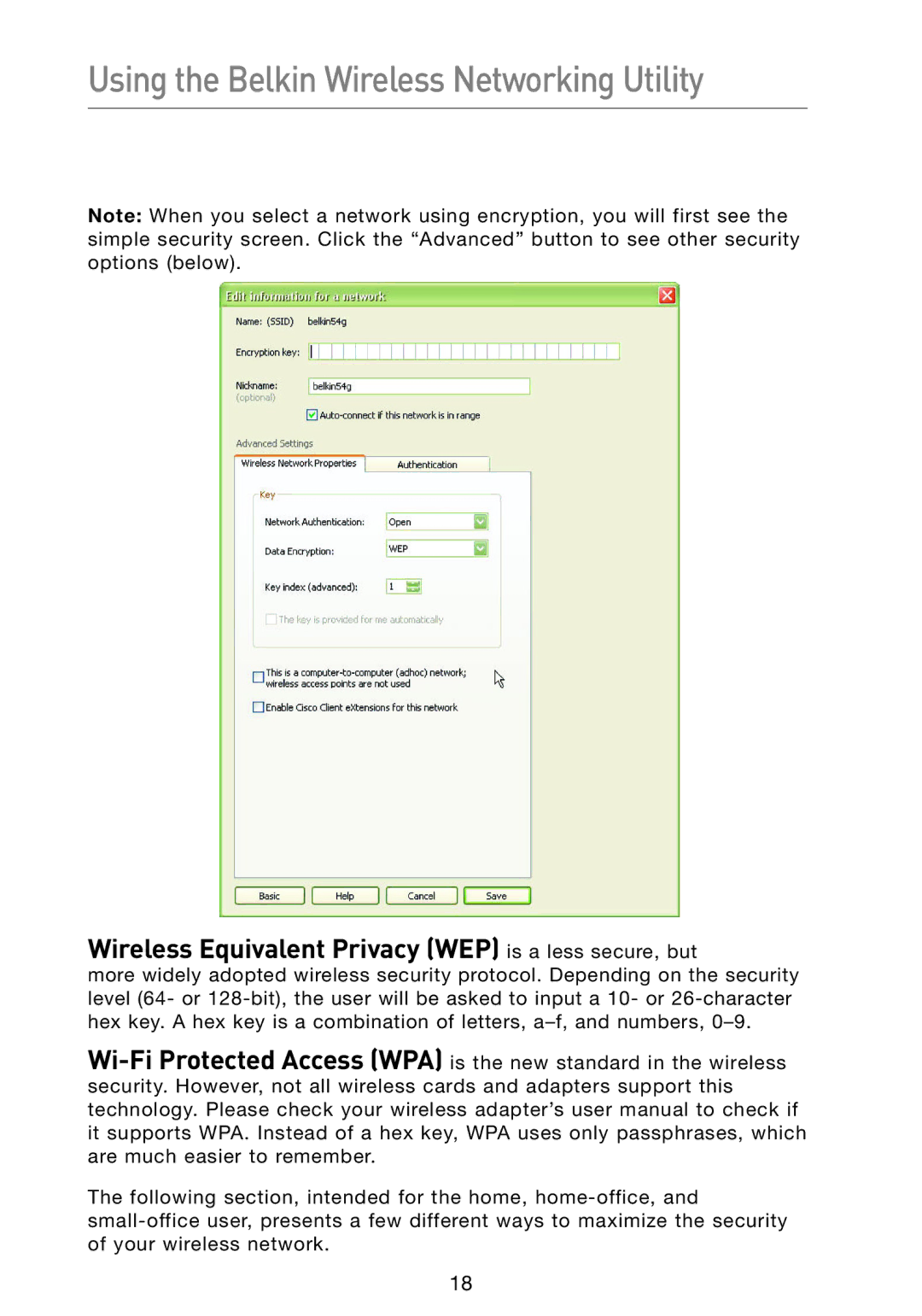 Belkin F5D9050 user manual Wireless Equivalent Privacy WEP is a less secure, but 