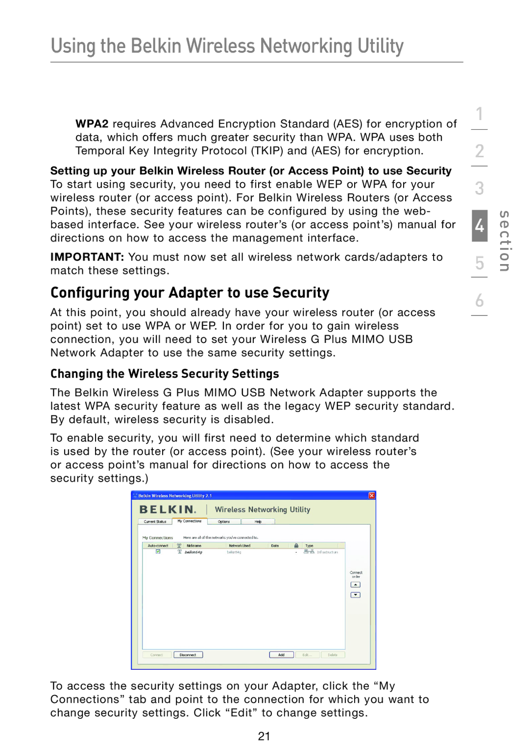 Belkin F5D9050 user manual Configuring your Adapter to use Security, Changing the Wireless Security Settings 