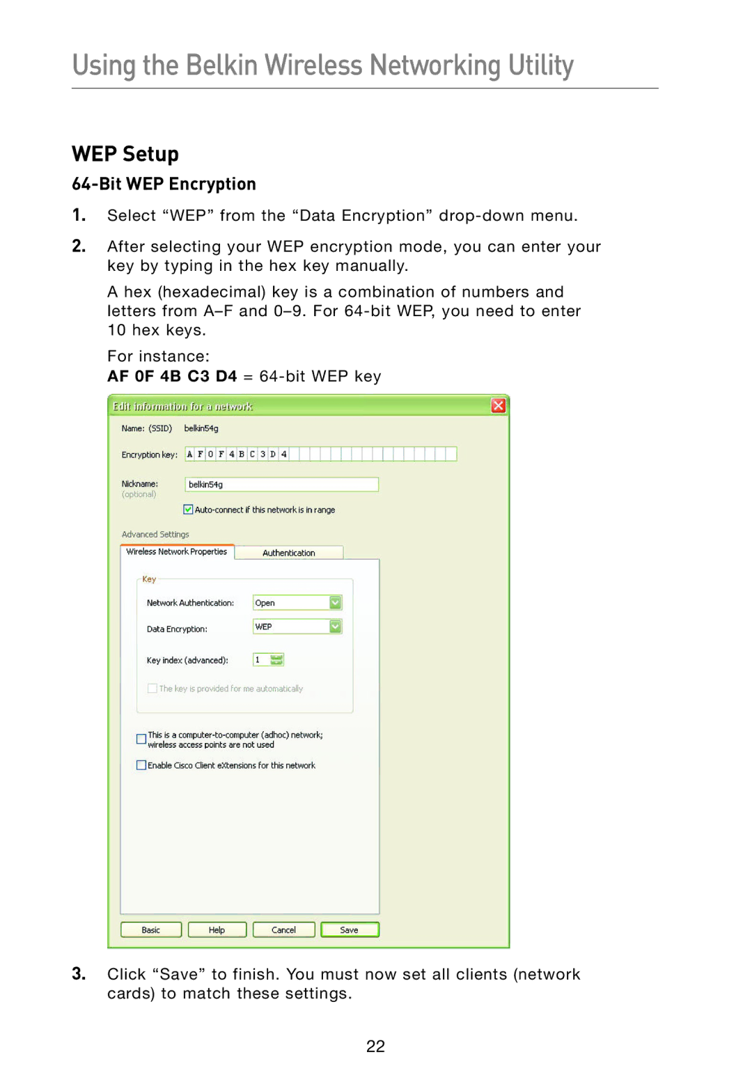 Belkin F5D9050 user manual WEP Setup, Bit WEP Encryption 