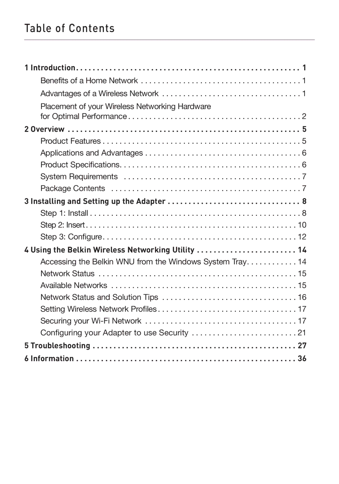 Belkin F5D9050 user manual Table of Contents 