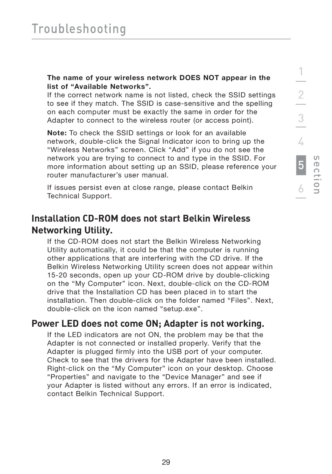 Belkin F5D9050 user manual Power LED does not come on Adapter is not working 