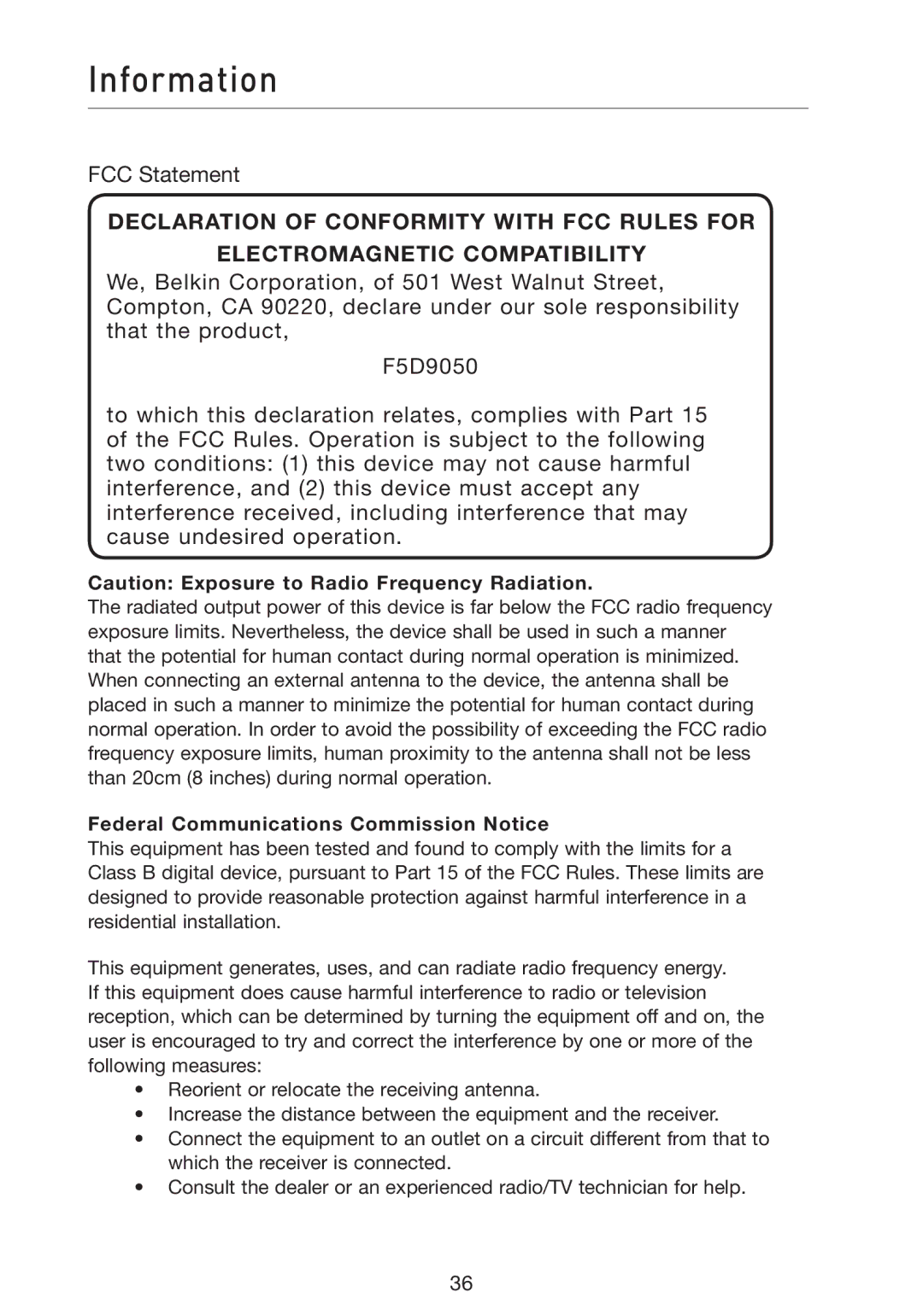 Belkin F5D9050 user manual Information, Federal Communications Commission Notice 