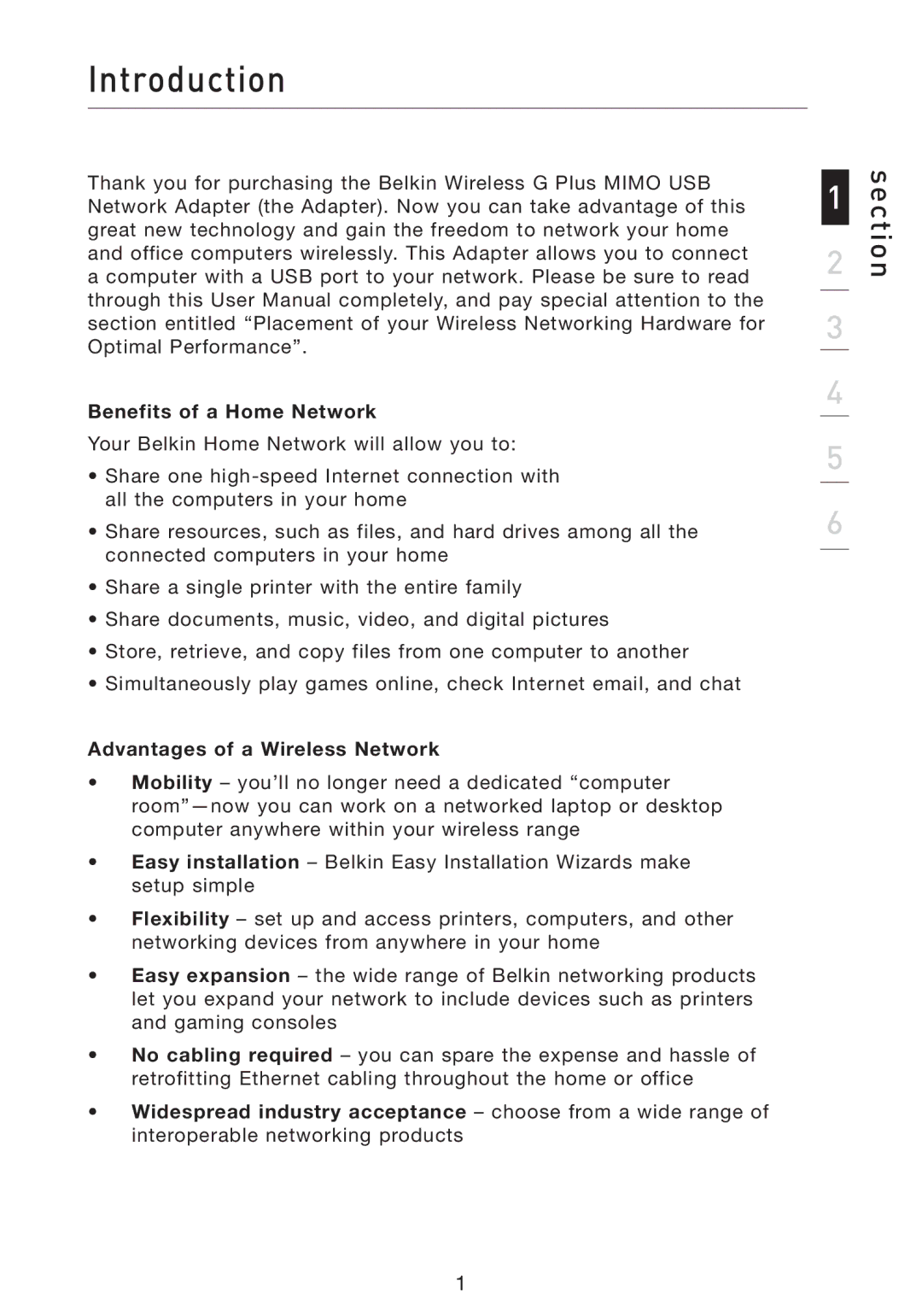 Belkin F5D9050 user manual Introduction, Benefits of a Home Network, Advantages of a Wireless Network 