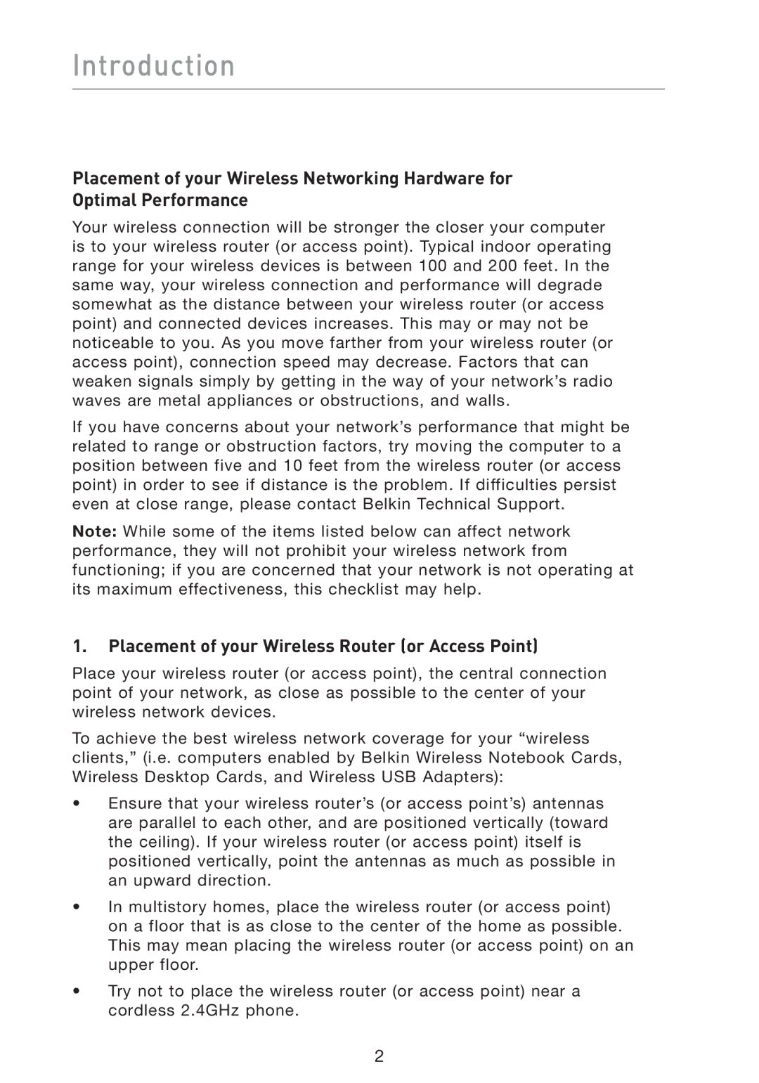 Belkin F5D9050 user manual Introduction, Placement of your Wireless Router or Access Point 