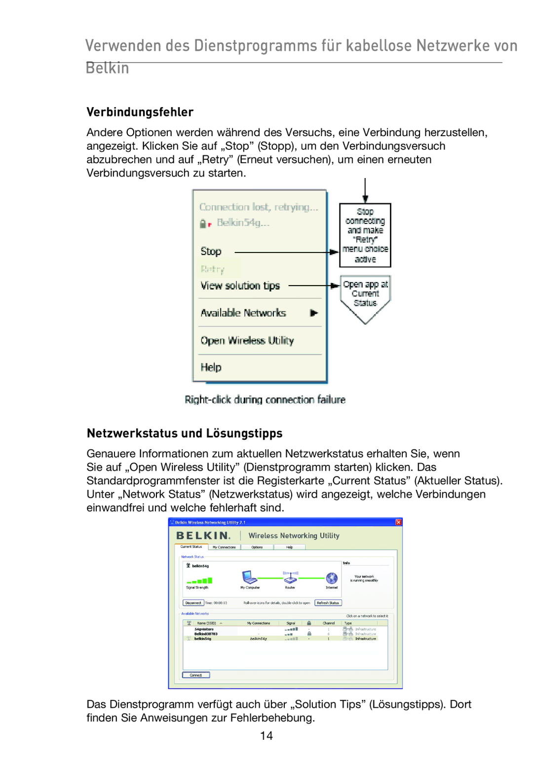 Belkin F5D9050UK user manual Verbindungsfehler, Netzwerkstatus und Lösungstipps 