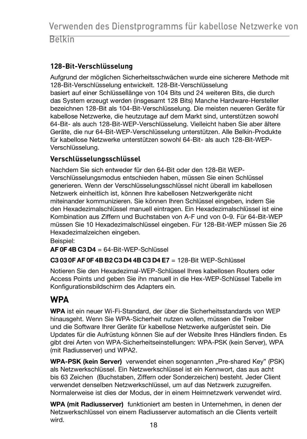 Belkin F5D9050UK user manual Bit-Verschlüsselung, Verschlüsselungsschlüssel 