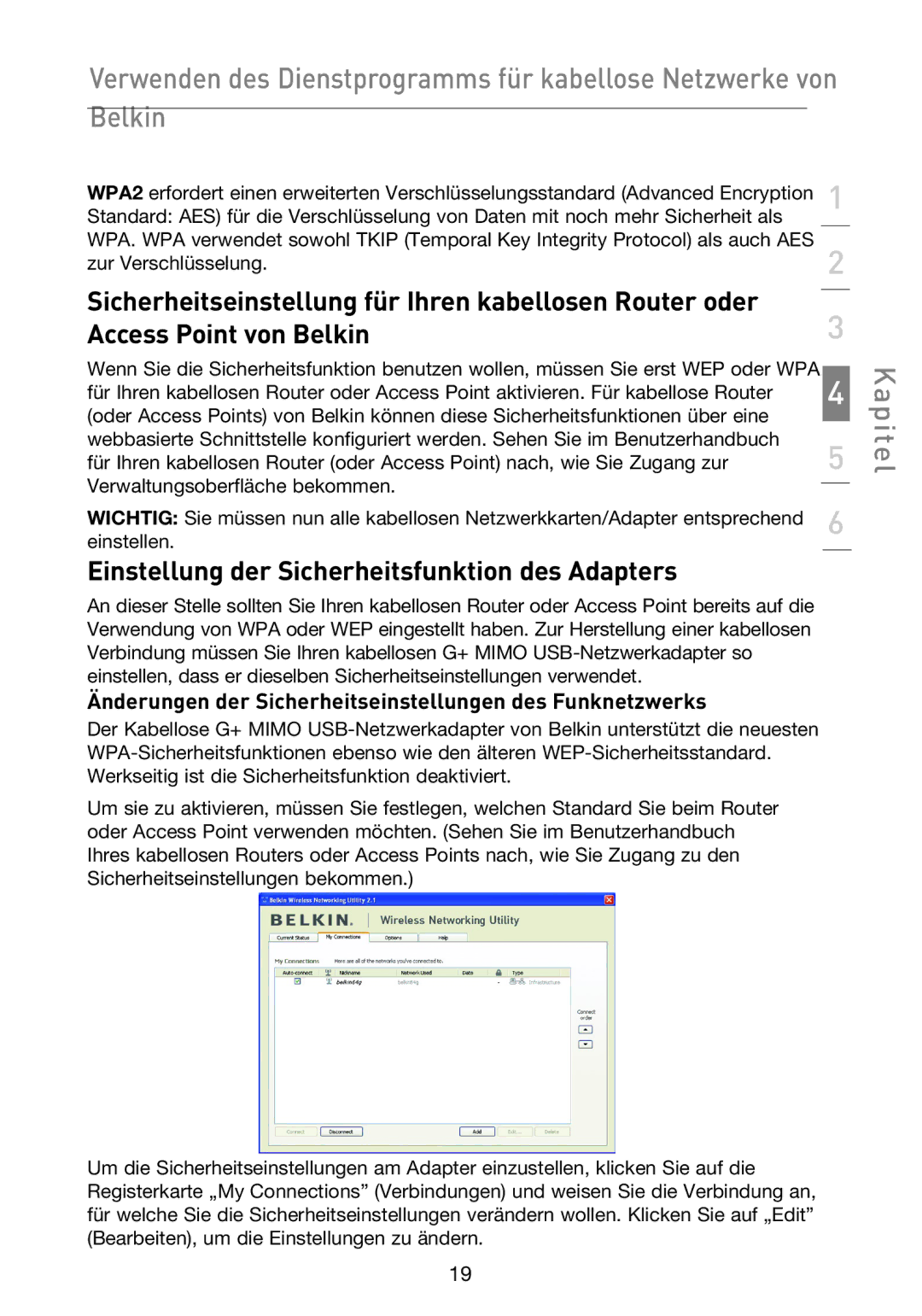 Belkin F5D9050UK user manual Einstellung der Sicherheitsfunktion des Adapters 