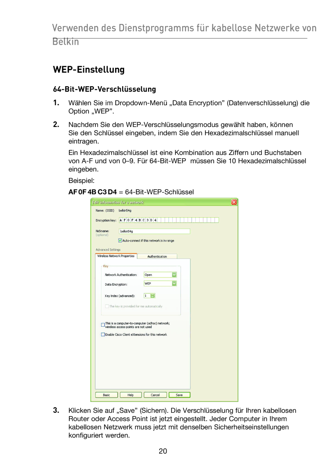 Belkin F5D9050UK user manual WEP-Einstellung, Bit-WEP-Verschlüsselung 