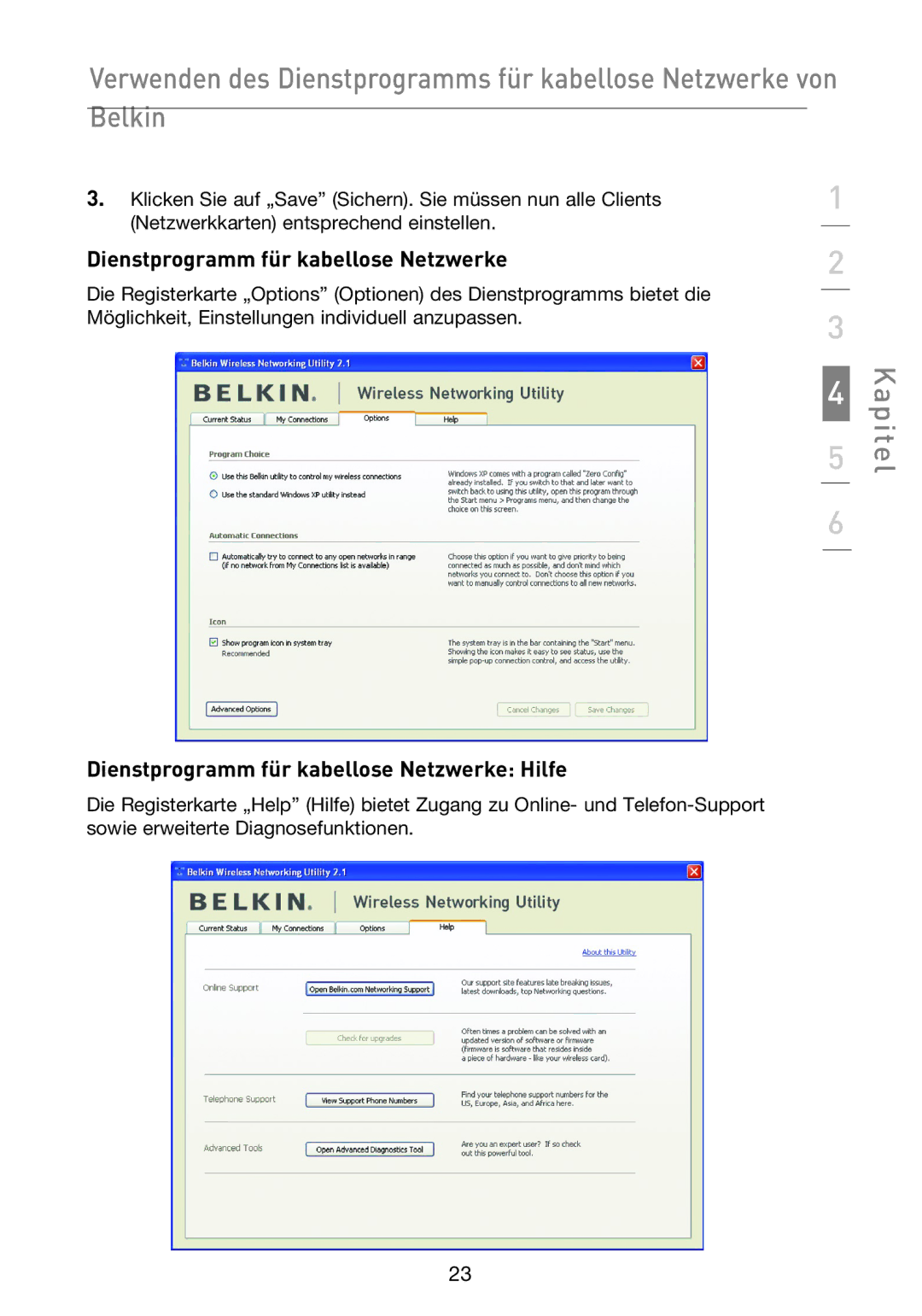 Belkin F5D9050UK user manual Dienstprogramm für kabellose Netzwerke Hilfe 