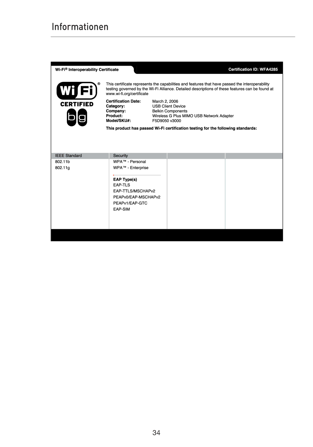 Belkin F5D9050UK user manual Informationen 