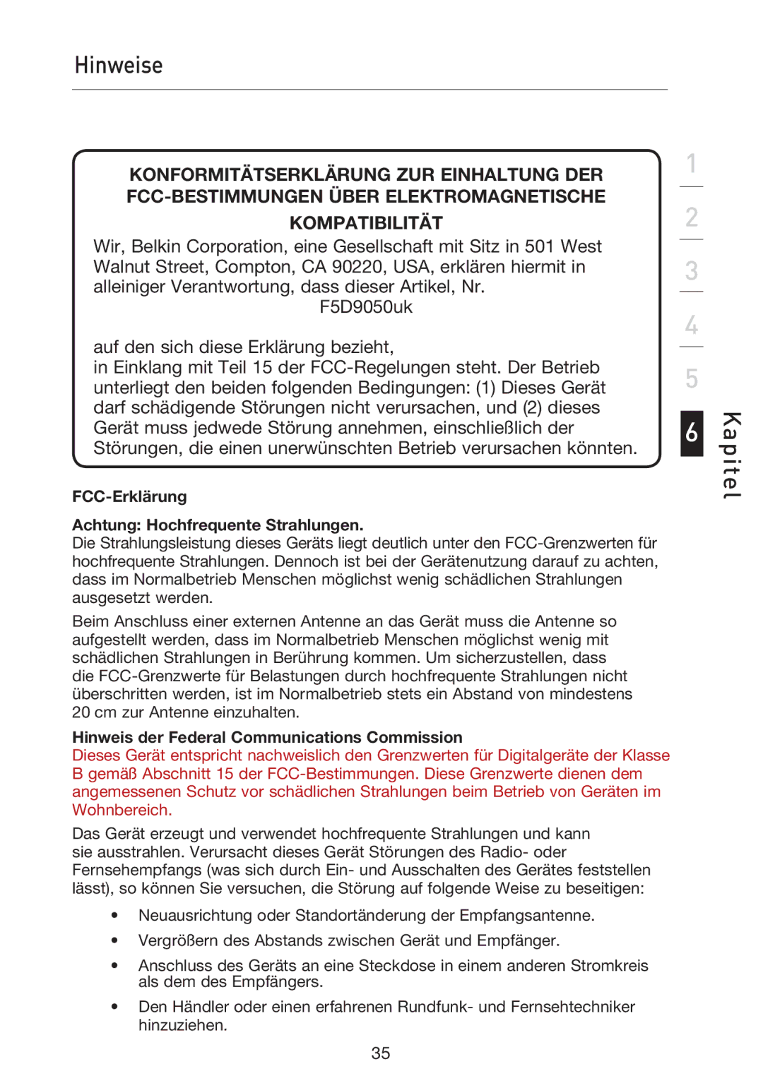 Belkin F5D9050UK Hinweise, FCC-Erklärung Achtung Hochfrequente Strahlungen, Hinweis der Federal Communications Commission 