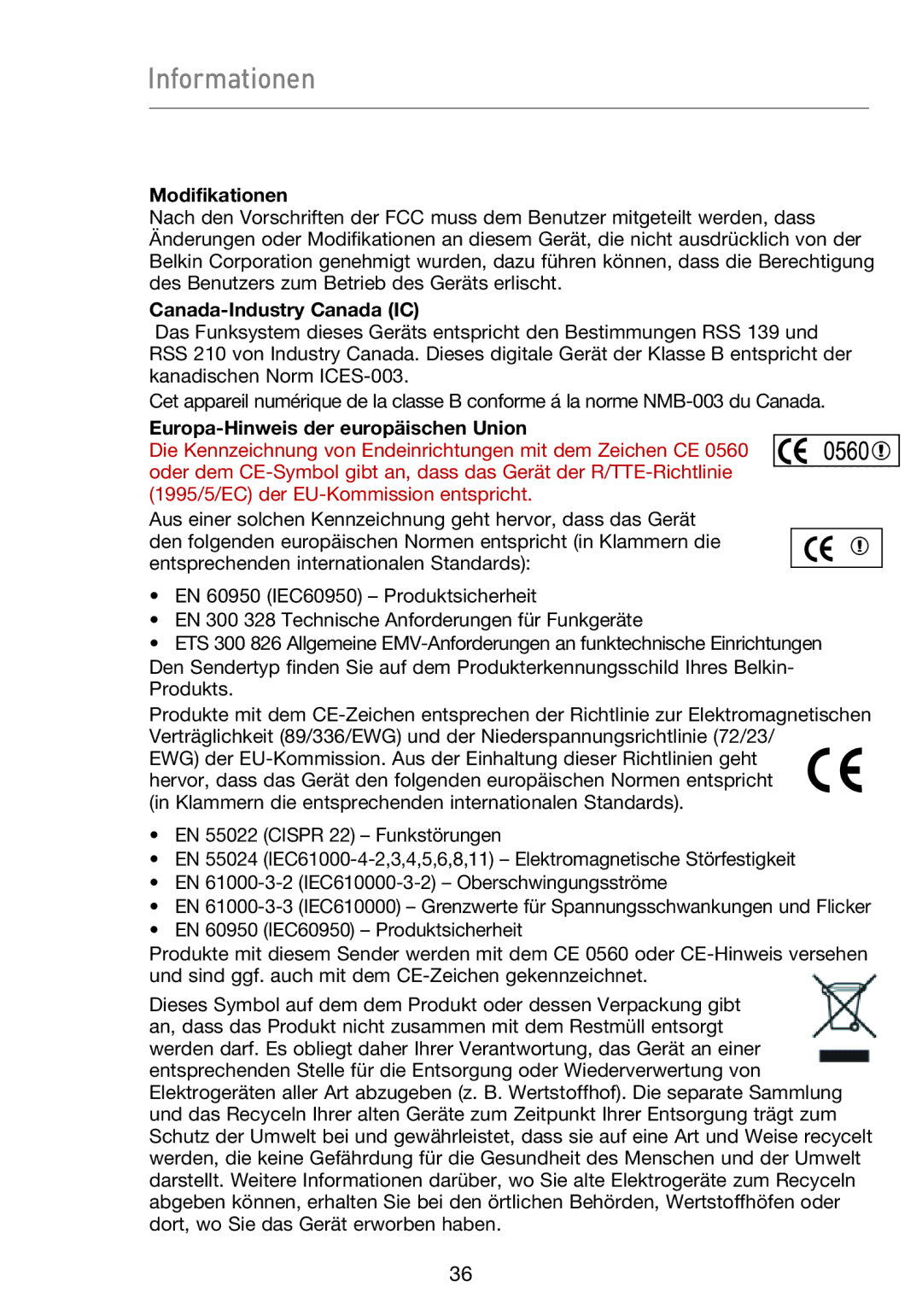 Belkin F5D9050UK user manual Informationen, Modifikationen, Europa-Hinweis der europäischen Union 