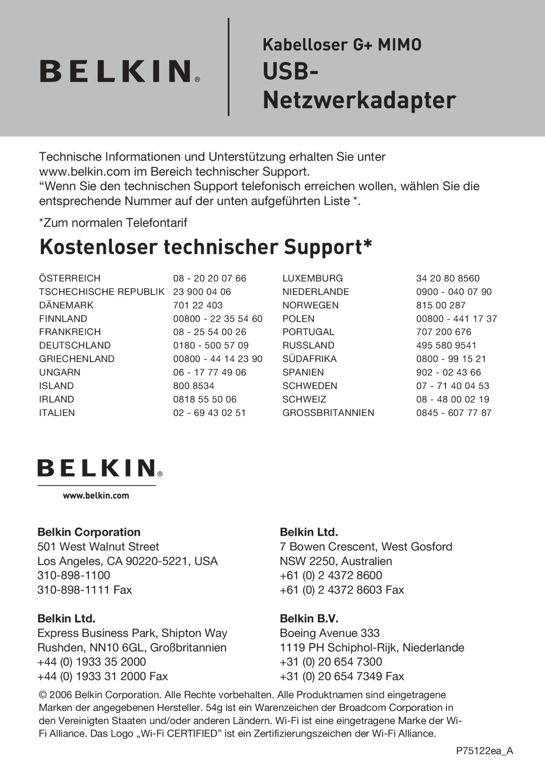 Belkin F5D9050UK user manual Kostenloser technischer Support 