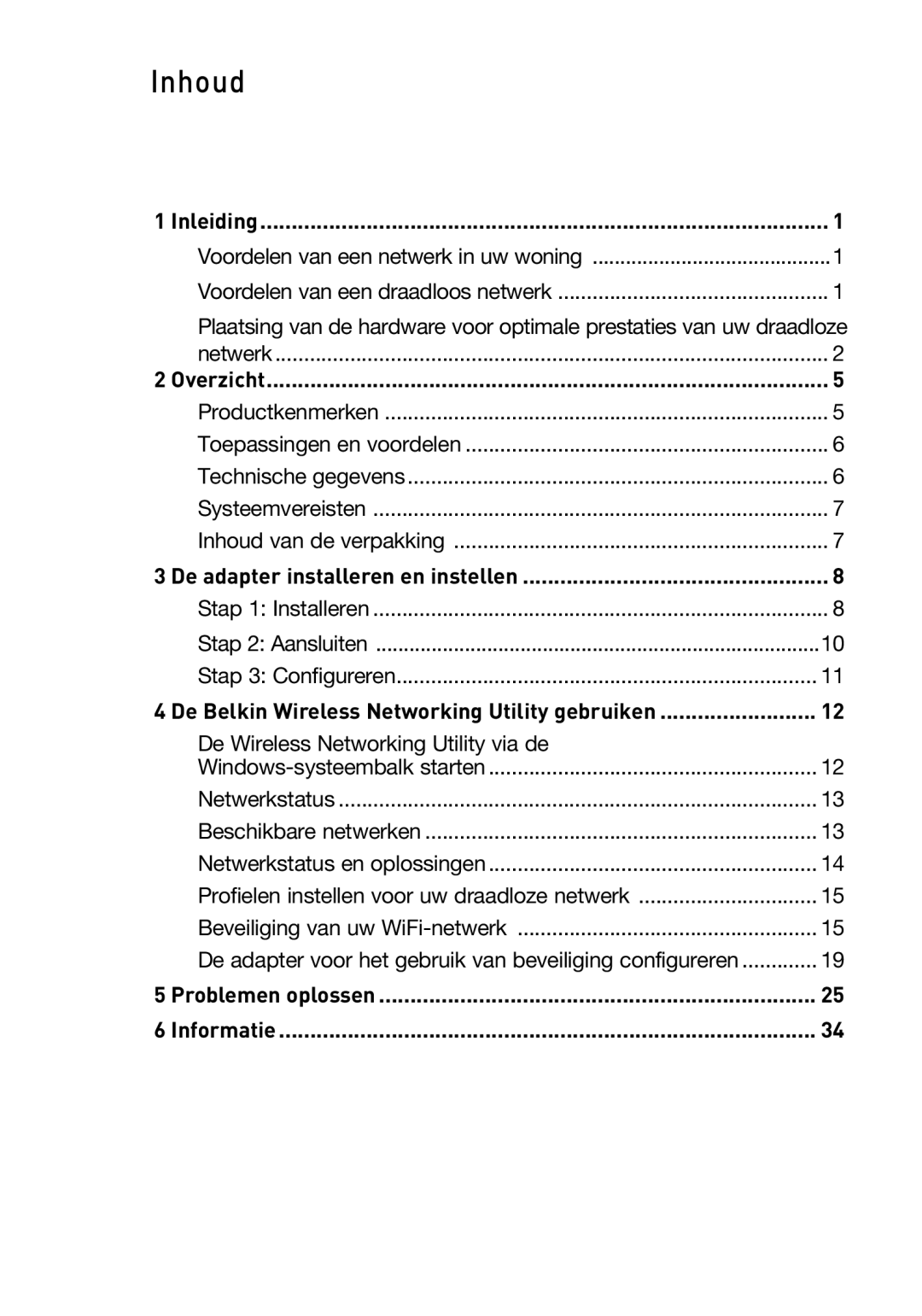 Belkin F5D9050UK user manual Inleiding, Overzicht, De adapter installeren en instellen, Problemen oplossen Informatie 